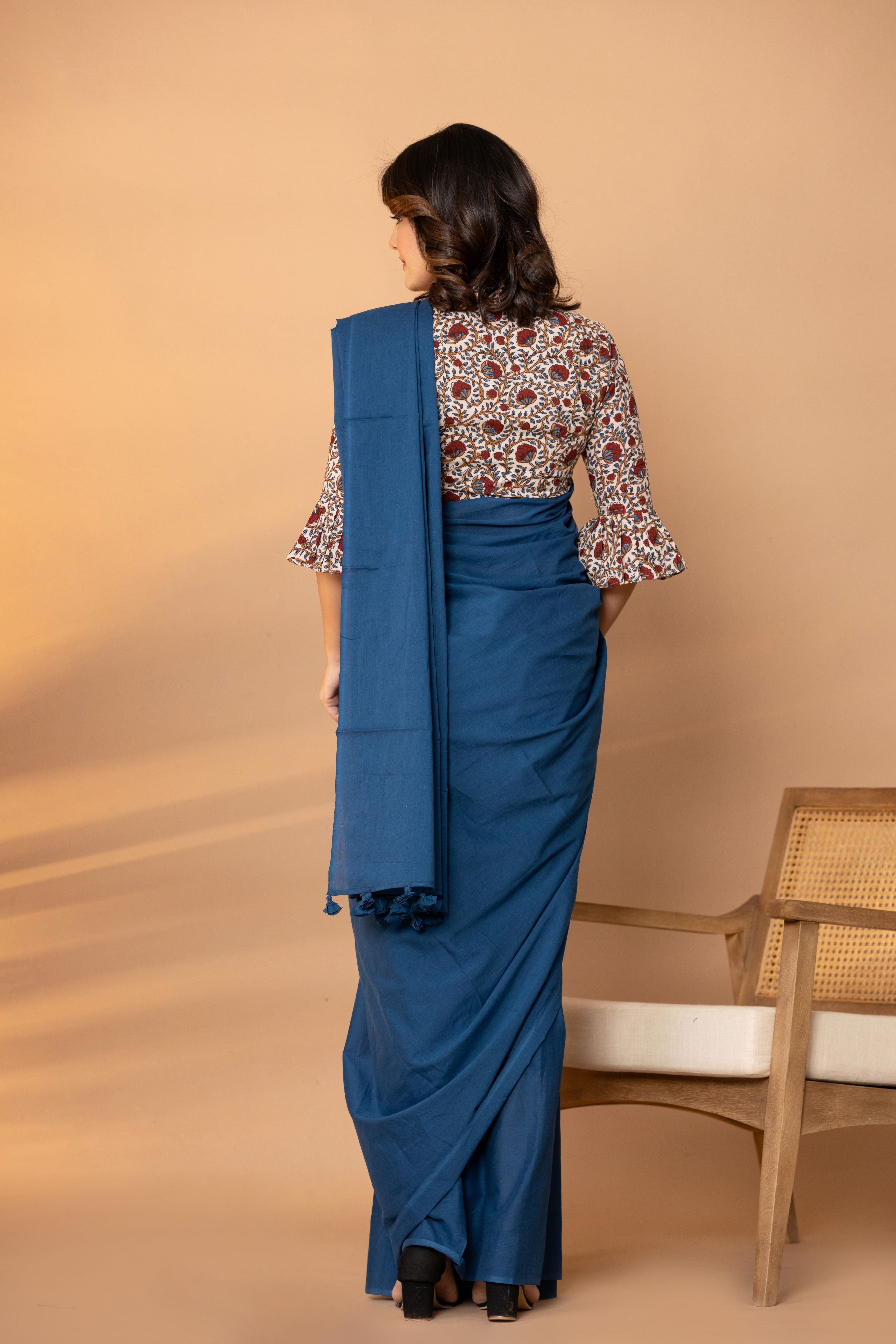 Indigo Blue Plain Dyed Mul Mul Cotton Saree with Tassels (without Blouse)