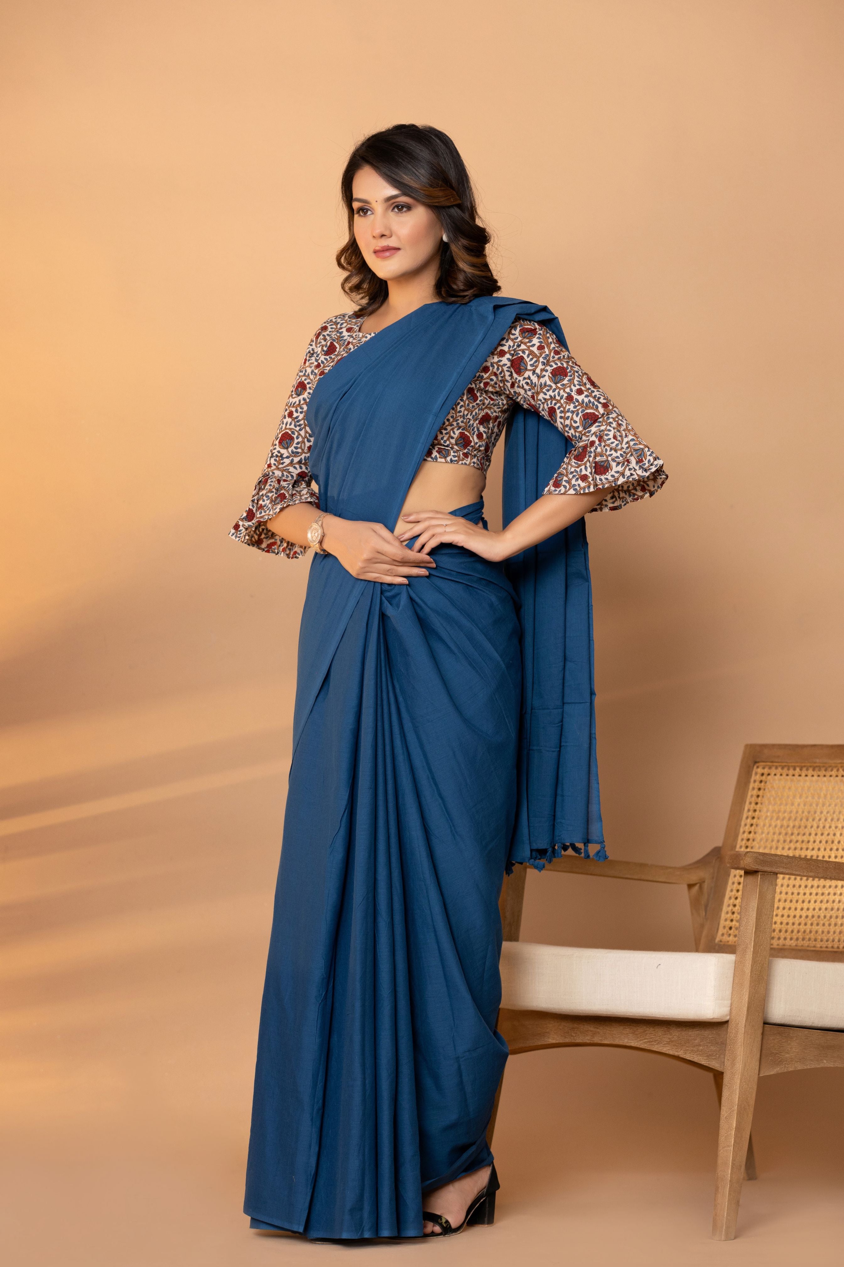 Indigo Blue Plain Dyed Mul Mul Cotton Saree with Tassels (without Blouse)