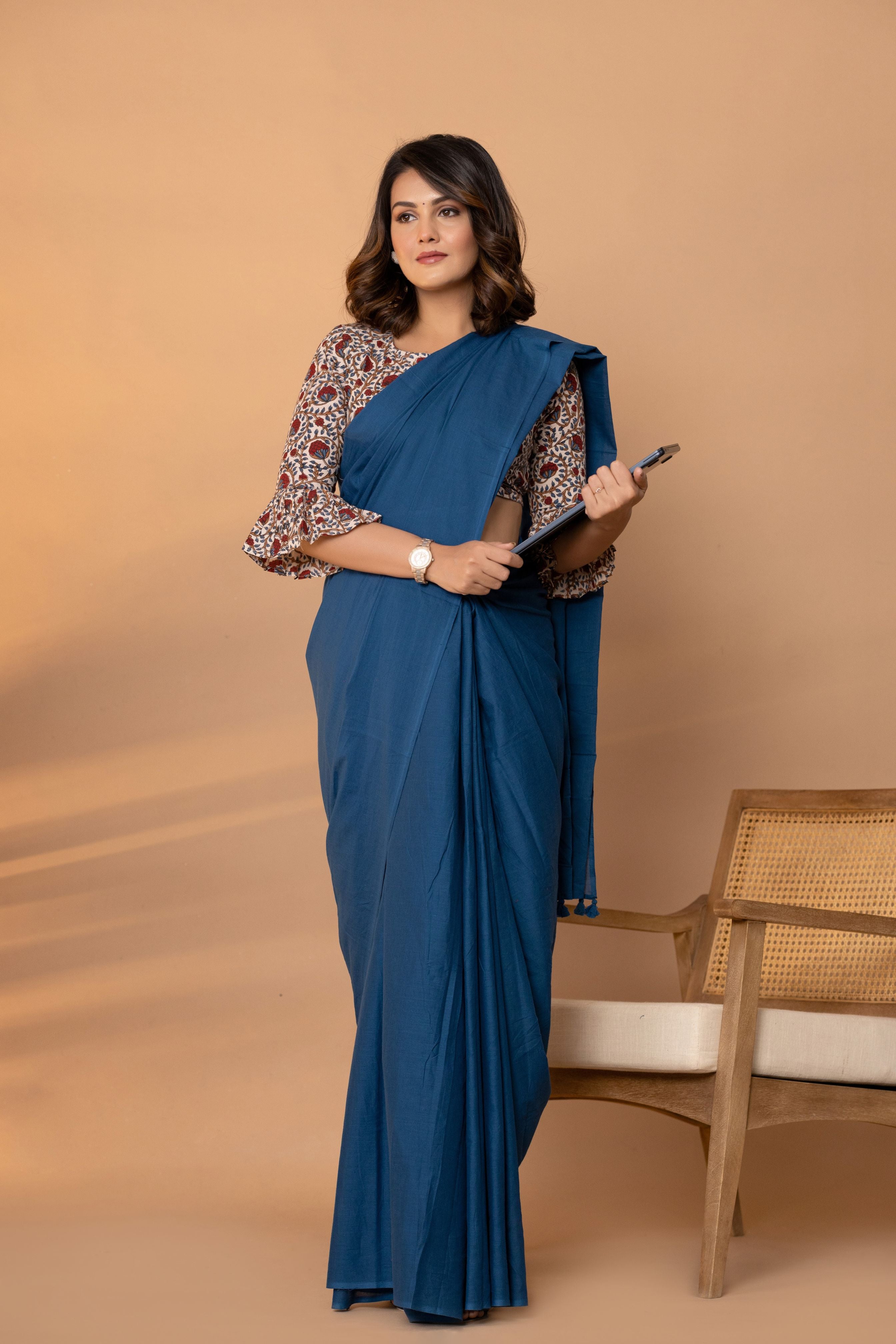 Indigo Blue Plain Dyed Mul Mul Cotton Saree with Tassels (without Blouse)