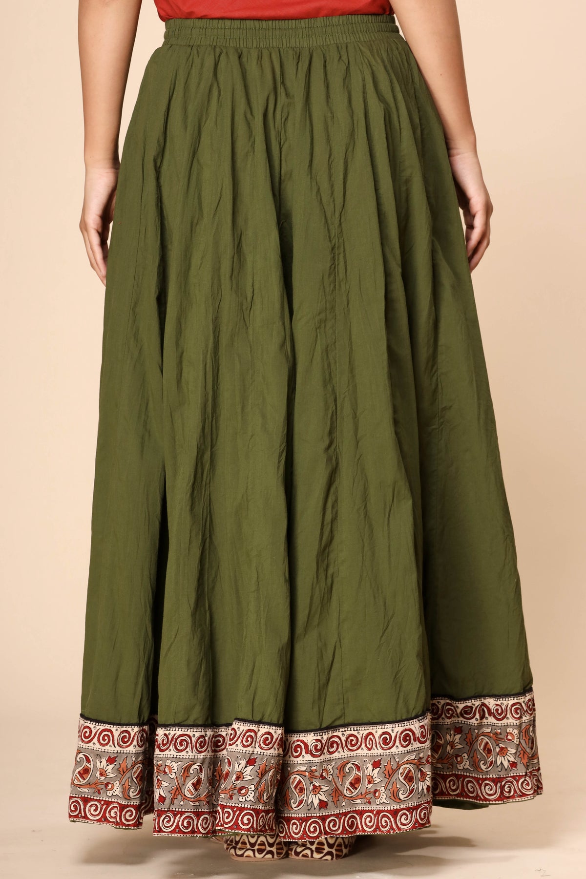 Plain Dyed Mehendi Green with Kalamkari Border Crinkled Cotton 28 Kali Kalidaar Skirt
