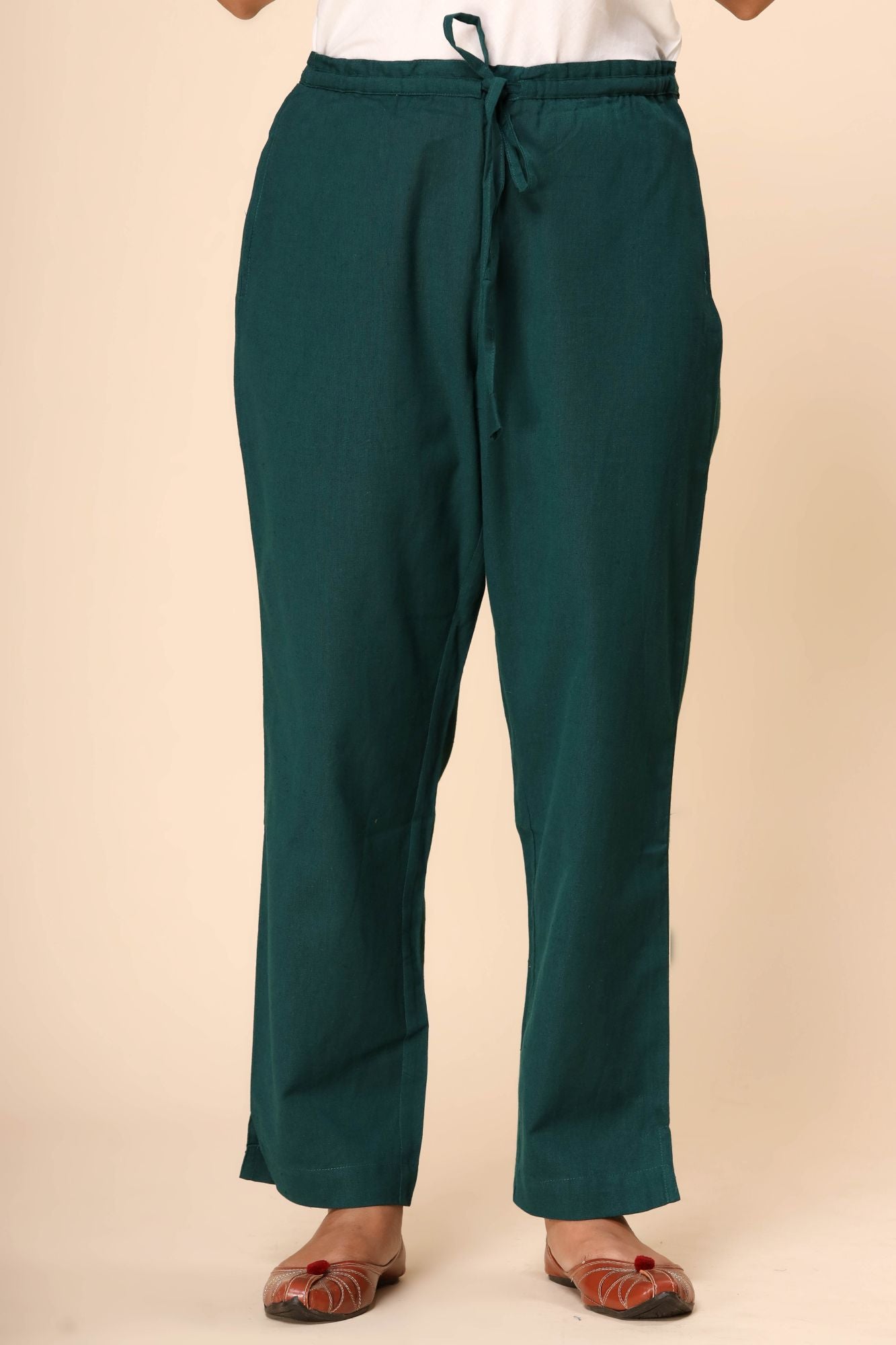 Dark Green Cotton Flex Straight Zipper Pants