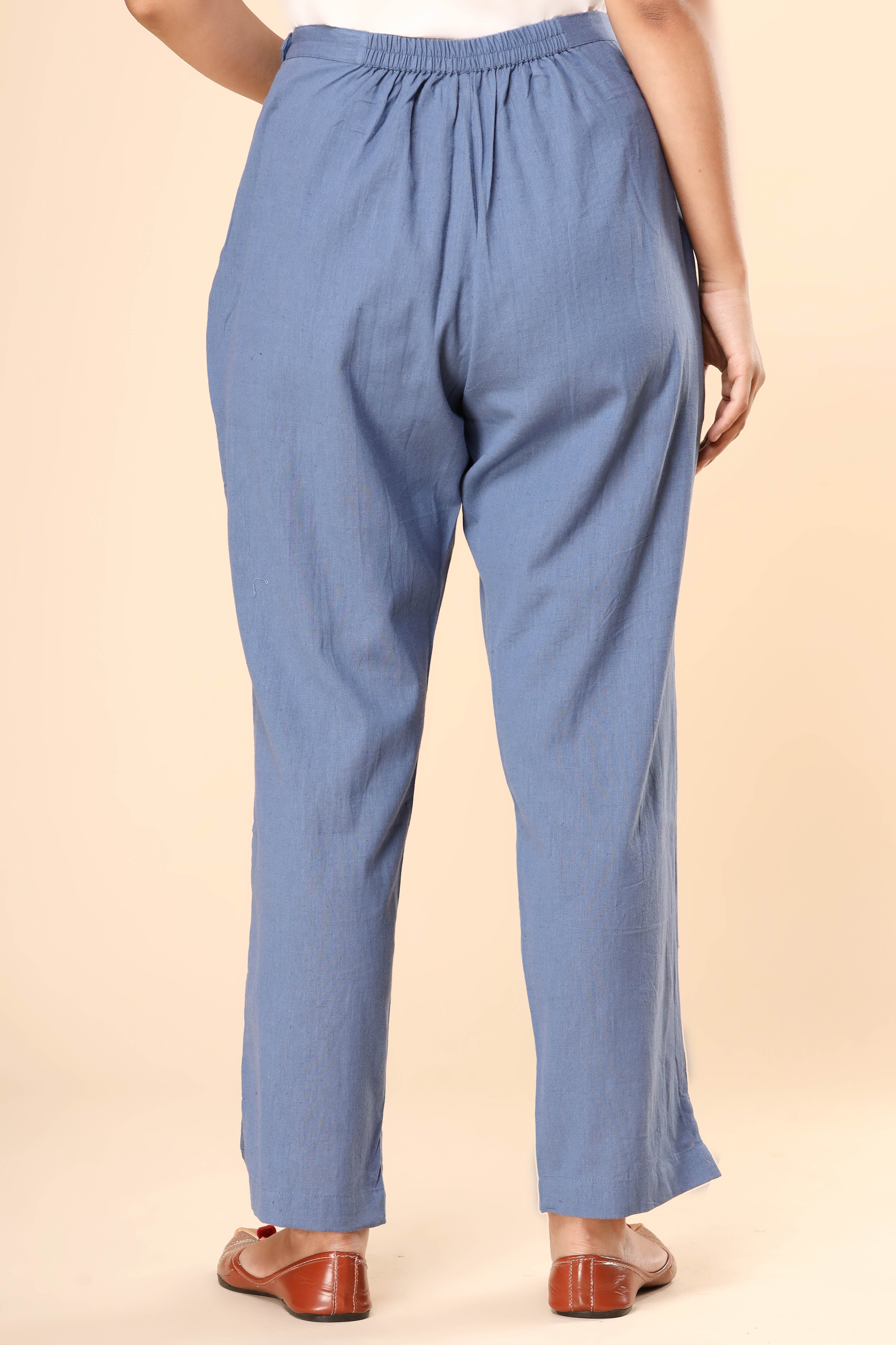 Rustic Blue Cotton Flex Straight Zipper Pants