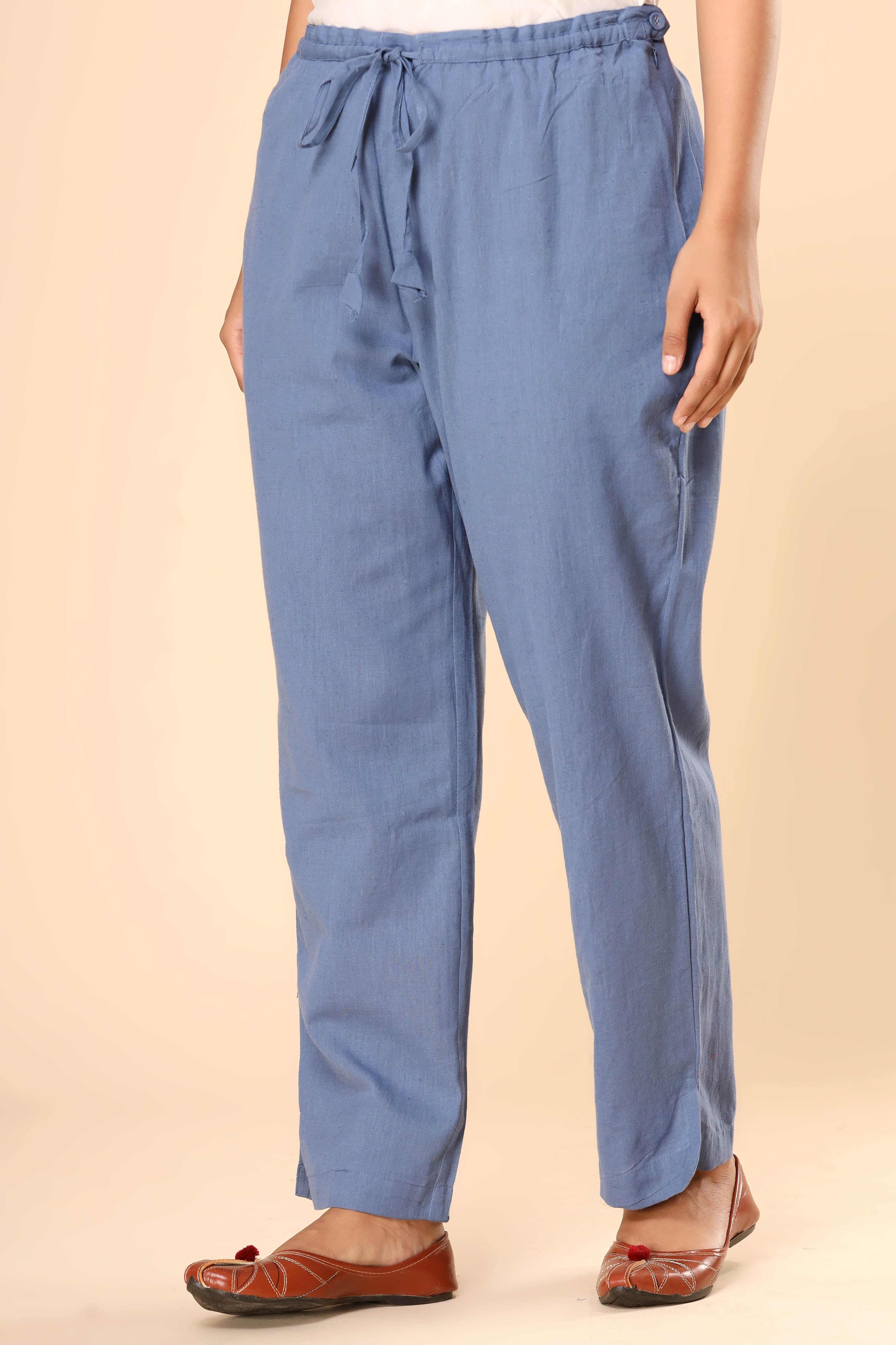 Rustic Blue Cotton Flex Straight Zipper Pants