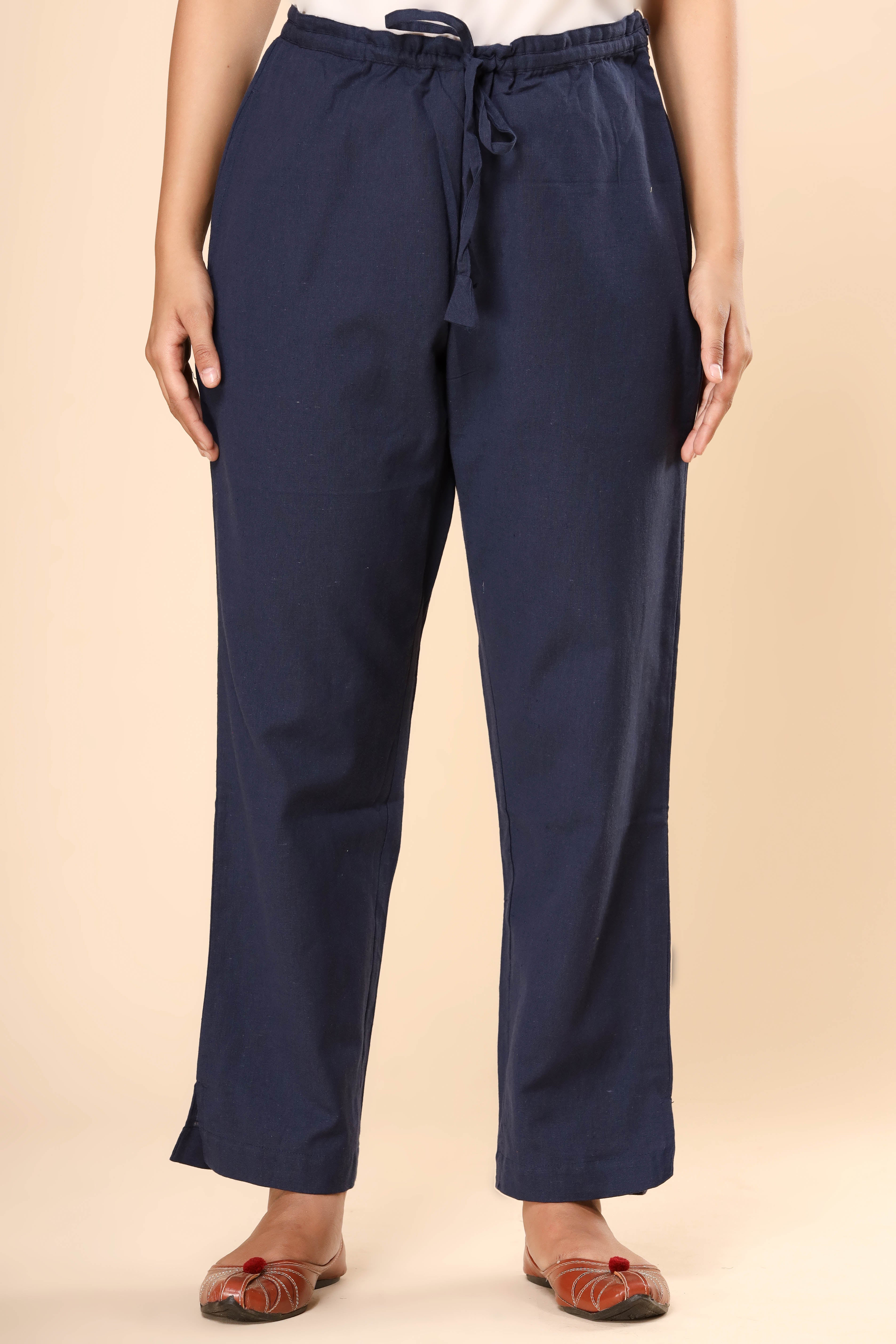 Night Time Blue Cotton Flex Straight Zipper Pants