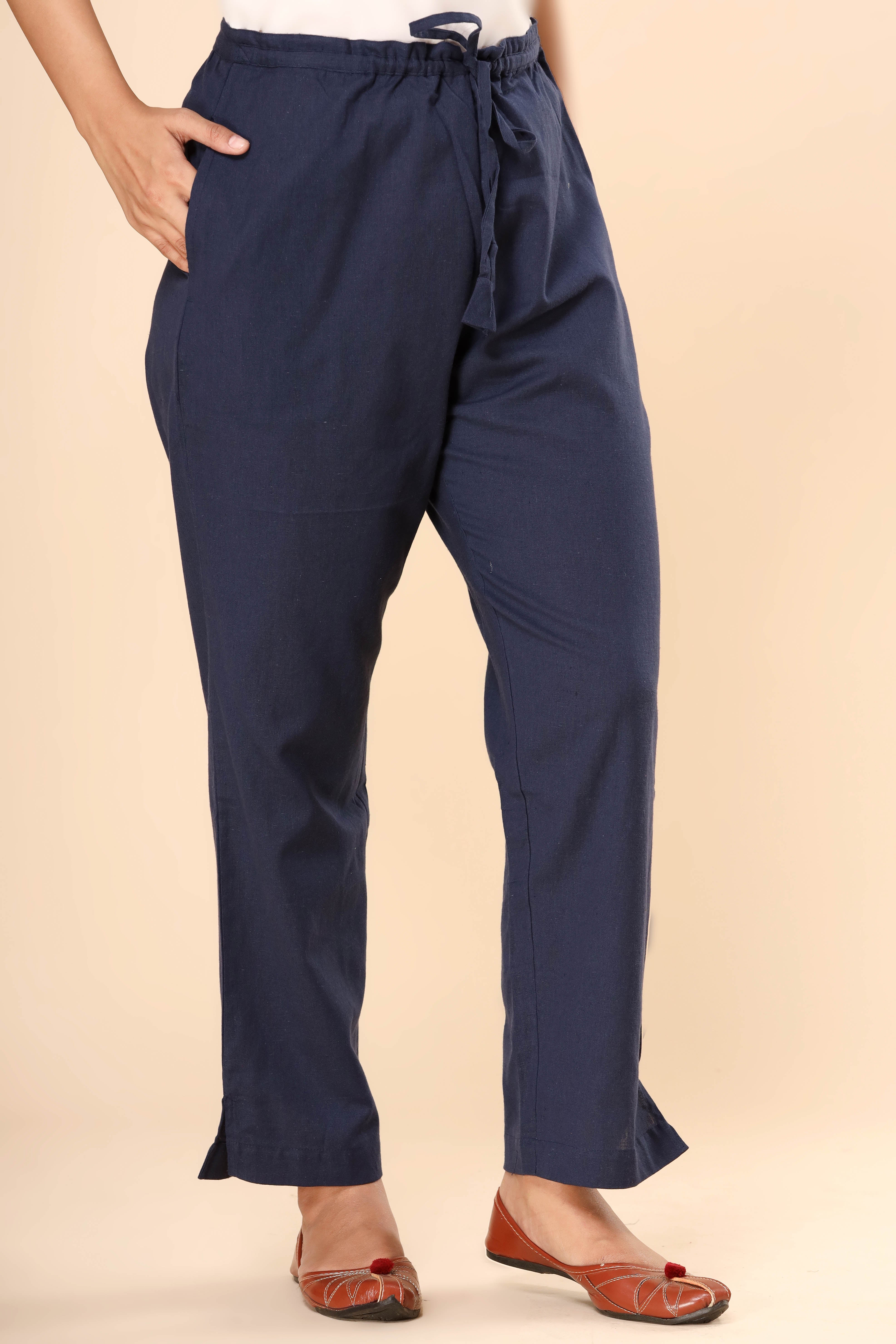 Night Time Blue Cotton Flex Straight Zipper Pants