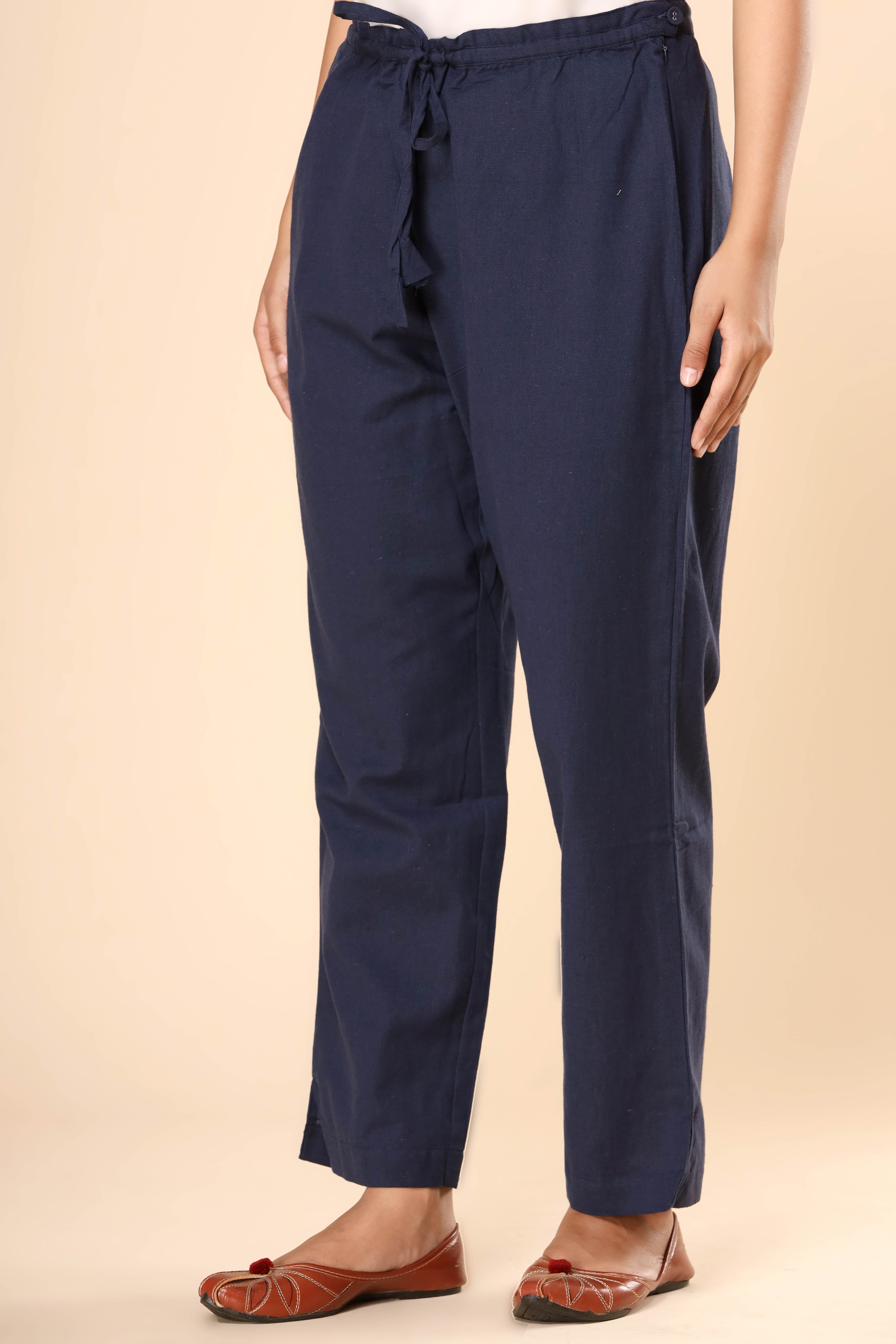 Night Time Blue Cotton Flex Straight Zipper Pants