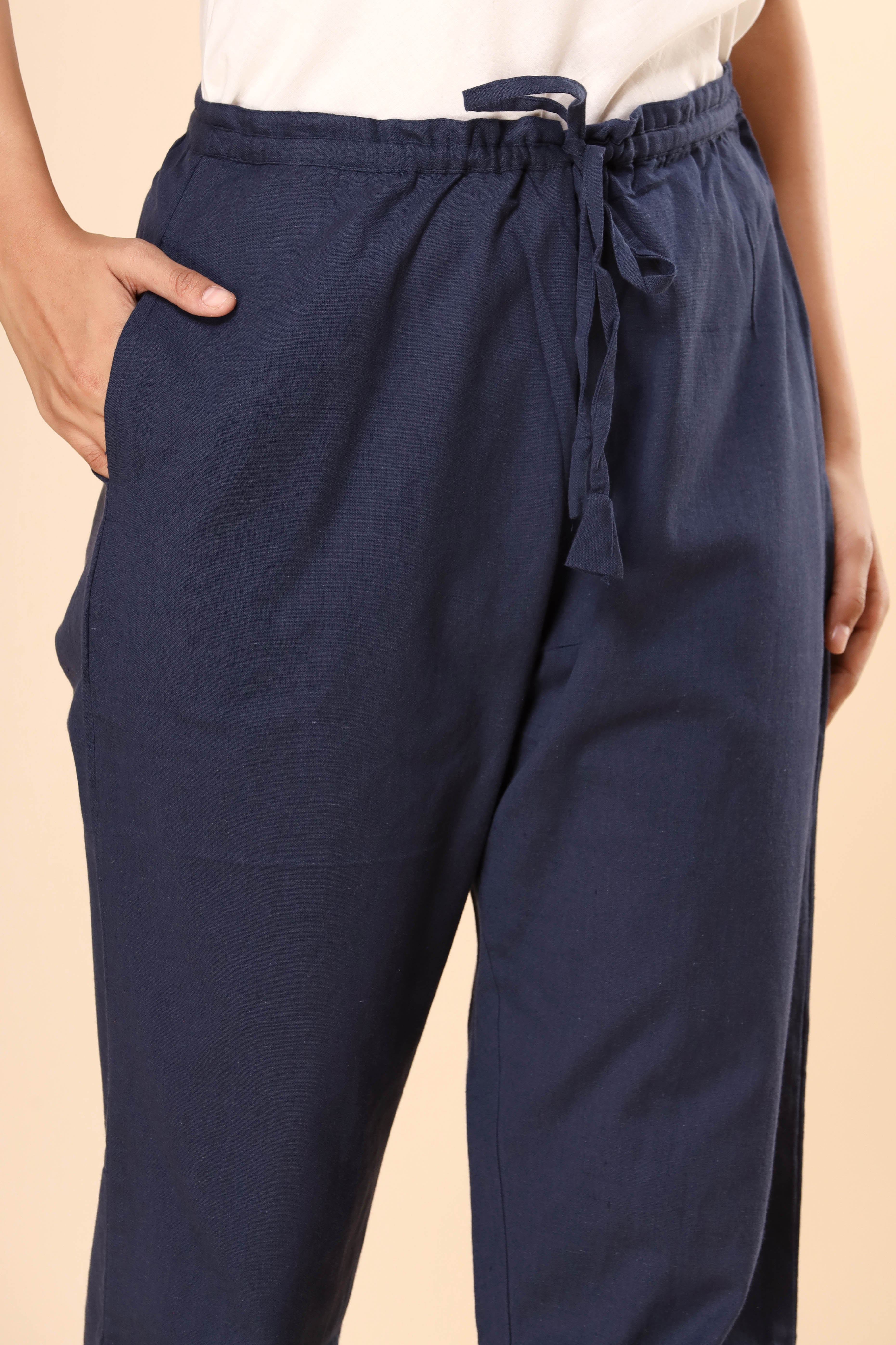 Night Time Blue Cotton Flex Straight Zipper Pants