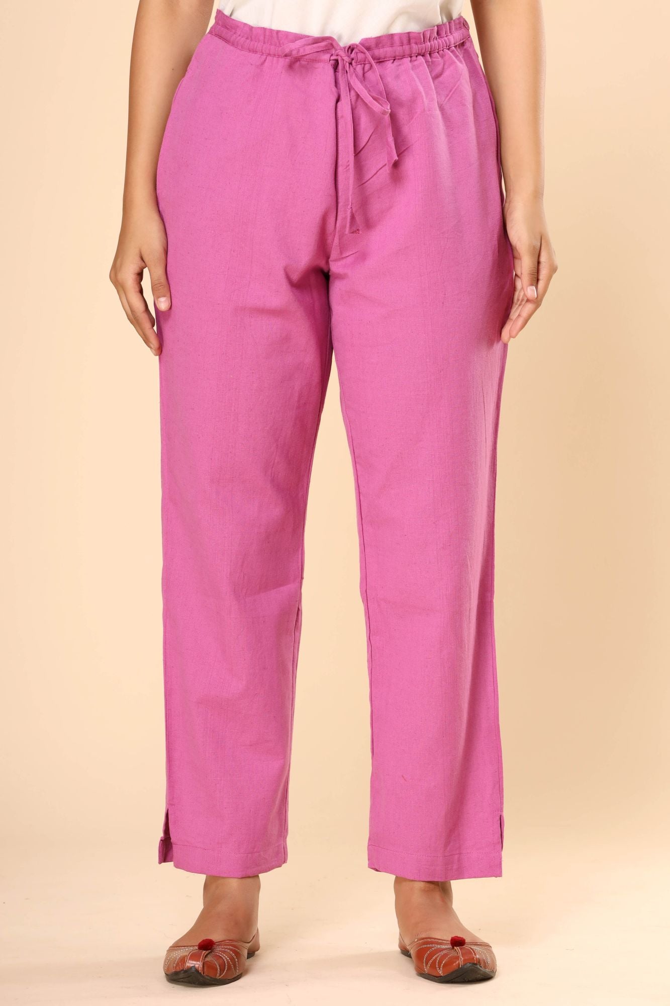 Pink Cotton Flex Straight Zipper Pants