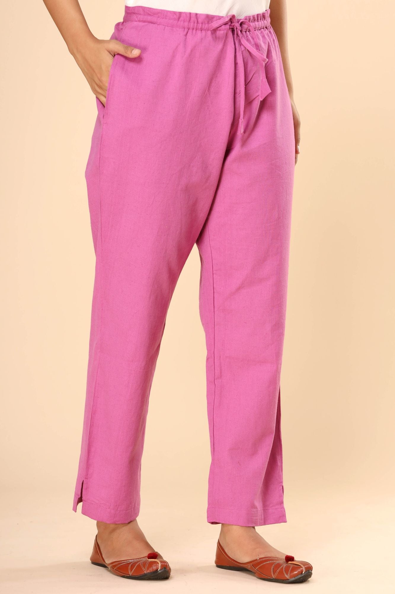 Pink Cotton Flex Straight Zipper Pants