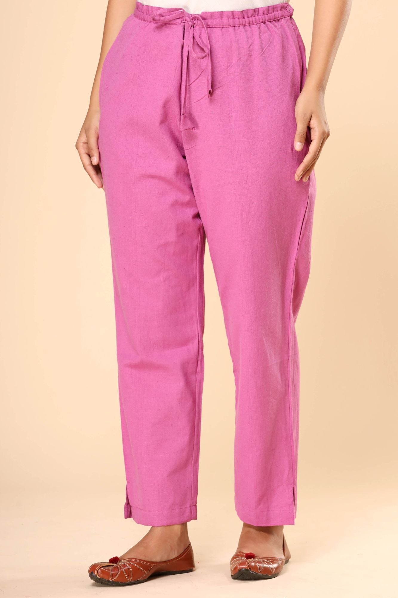 Pink Cotton Flex Straight Zipper Pants