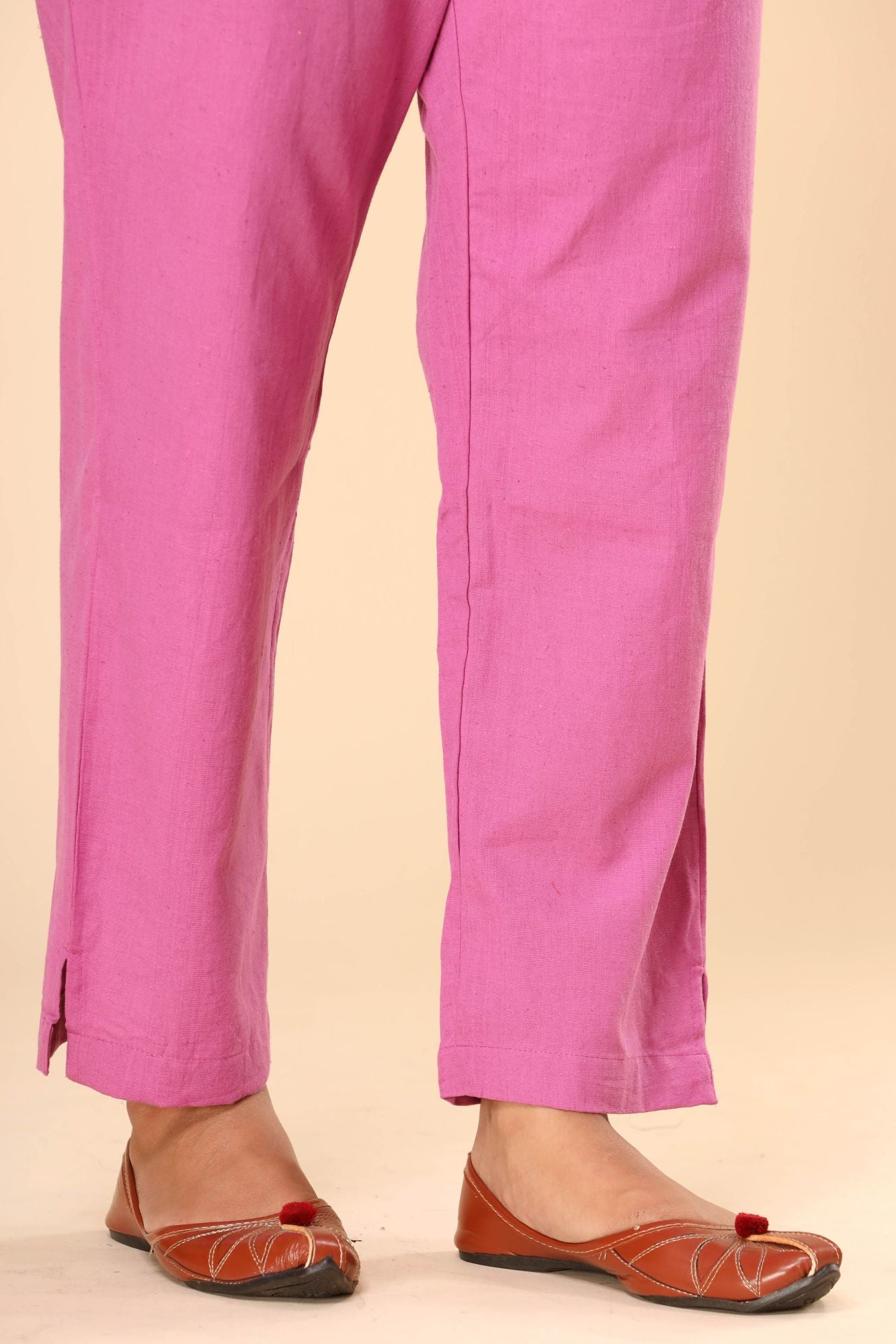 Pink Cotton Flex Straight Zipper Pants