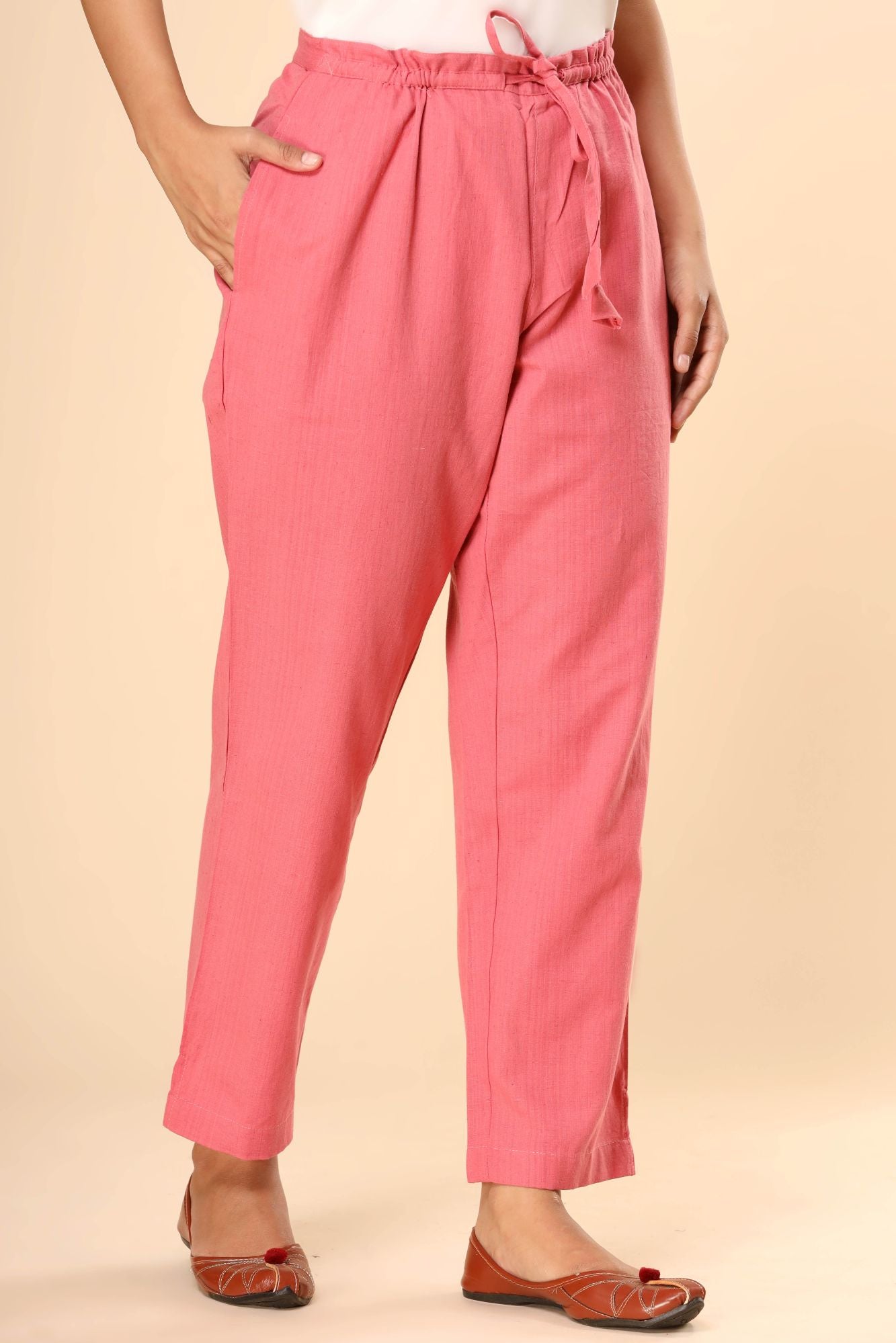 Salmon Cotton Flex Straight Zipper Pants