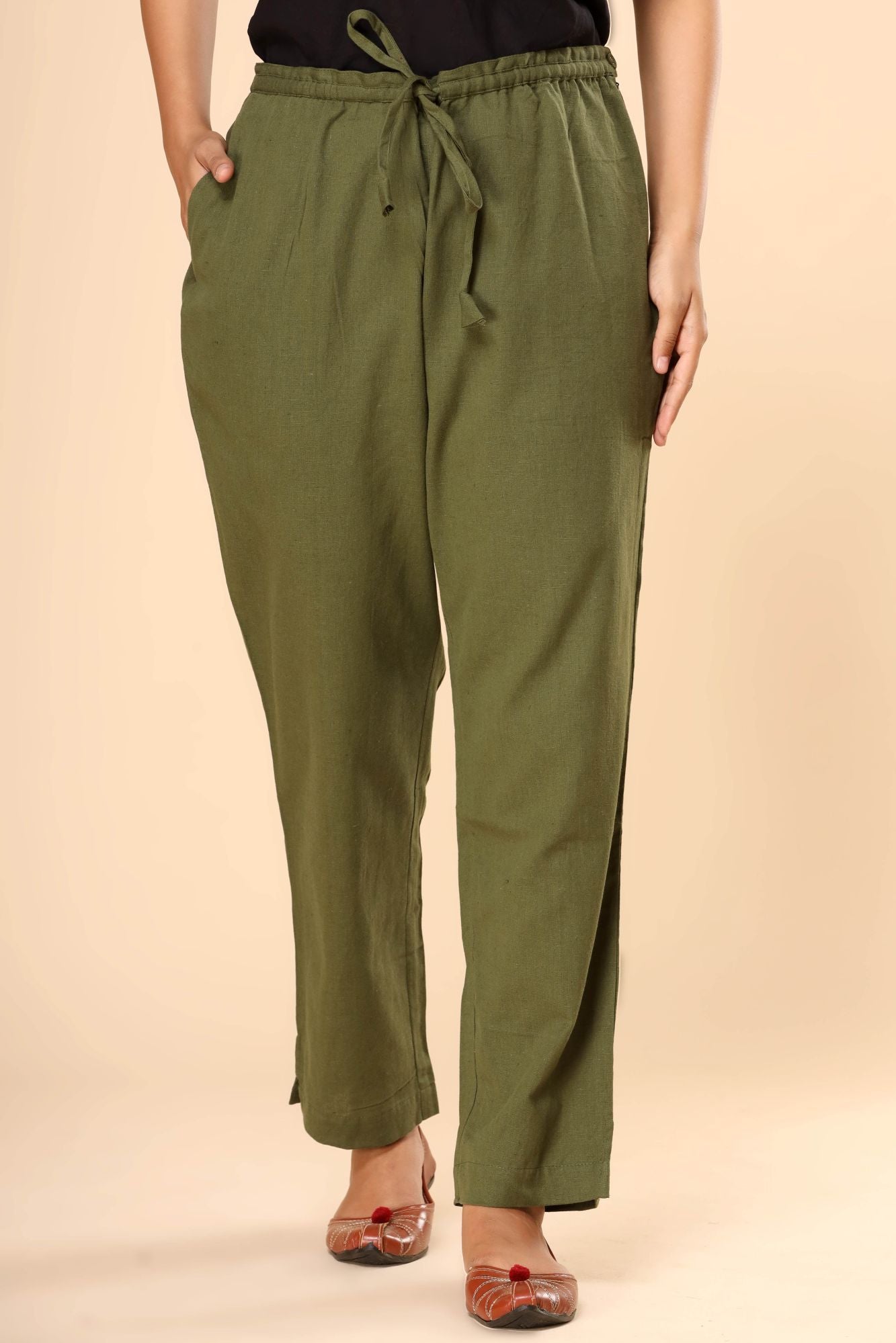 Olive Green Cotton Flex Straight Zipper Pants