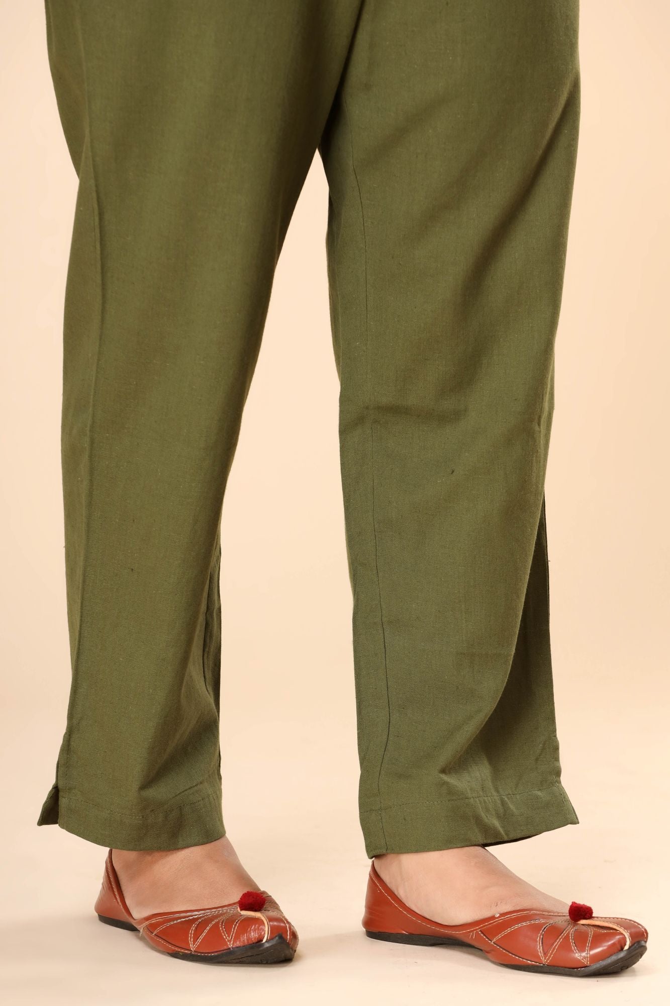 Olive Green Cotton Flex Straight Zipper Pants