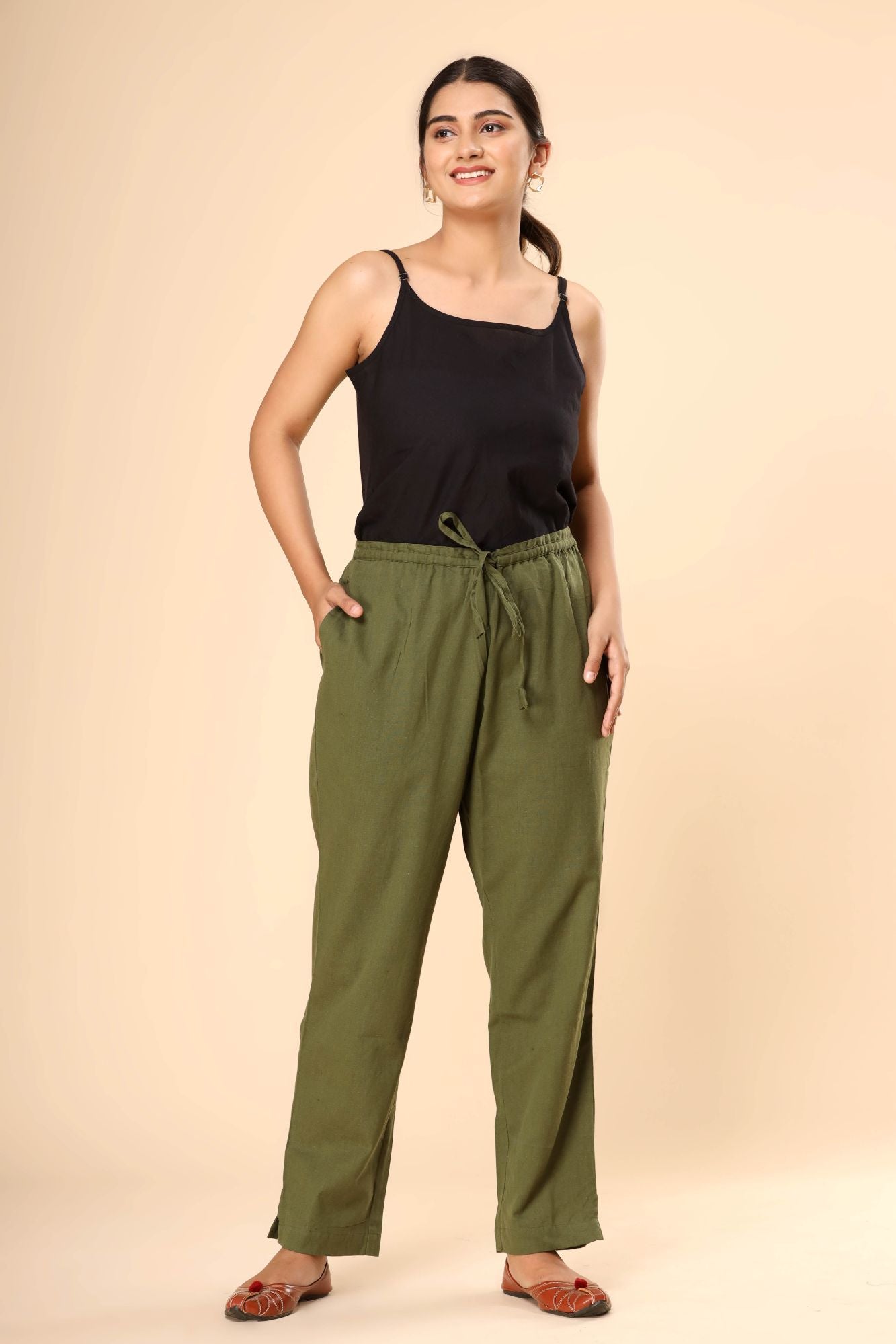 Olive Green Cotton Flex Straight Zipper Pants