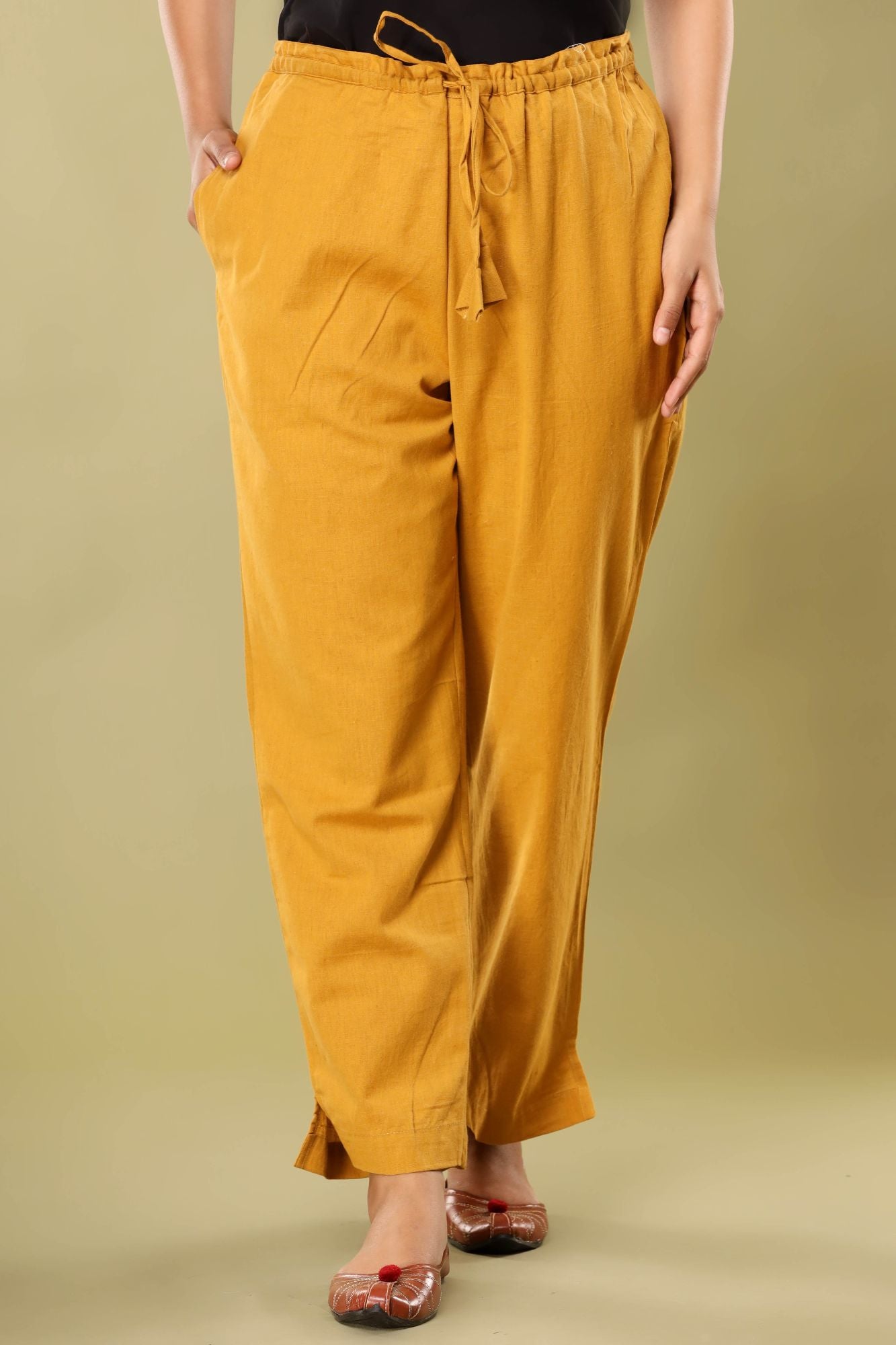 Bagru Yellow Cotton Flex Straight Zipper Pants