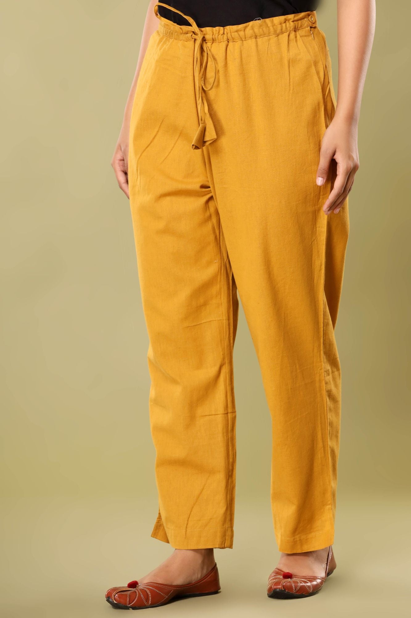 Bagru Yellow Cotton Flex Straight Zipper Pants