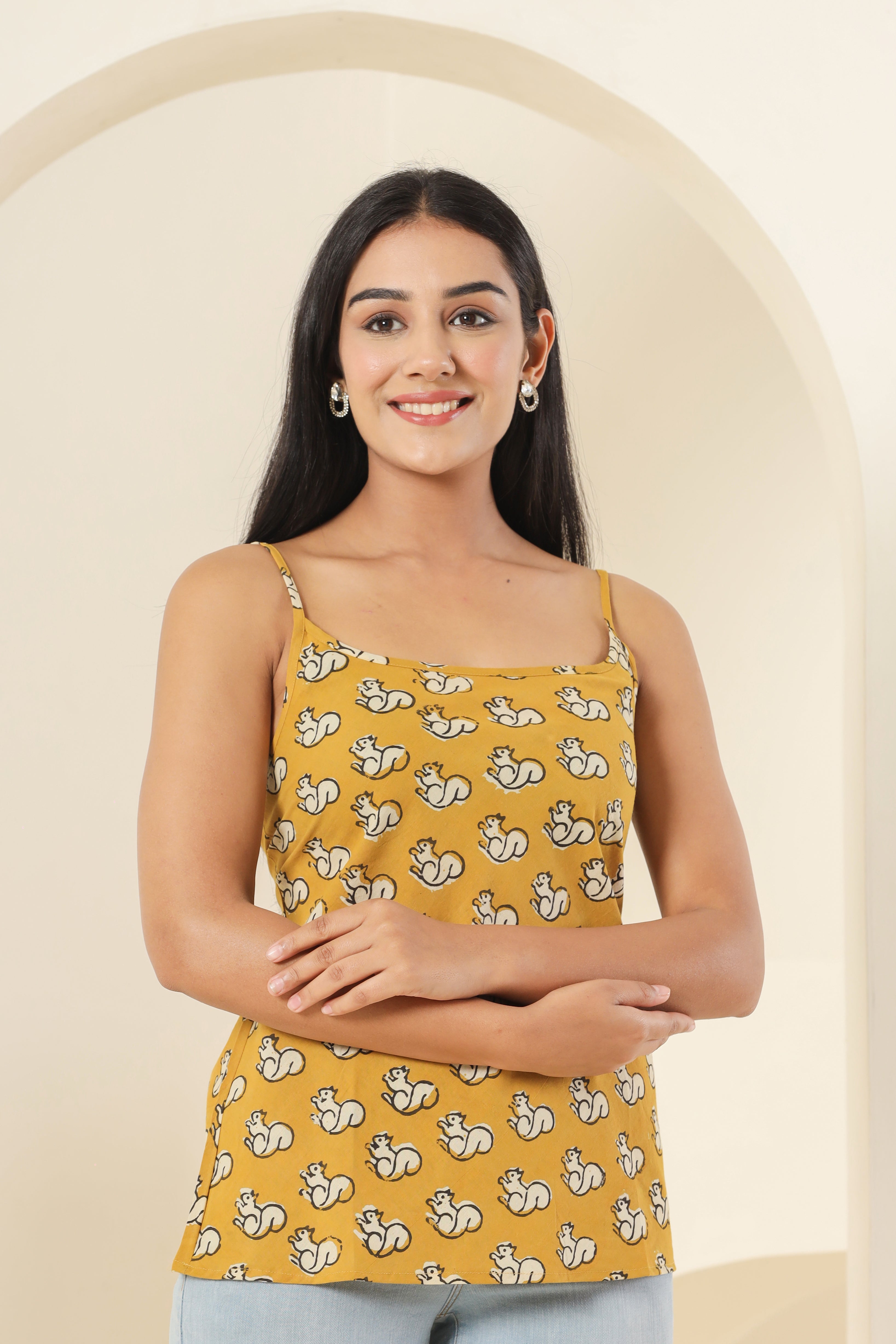 Bagru Yellow Gilharee Womens Hand Block Printed Spaghetti Tops