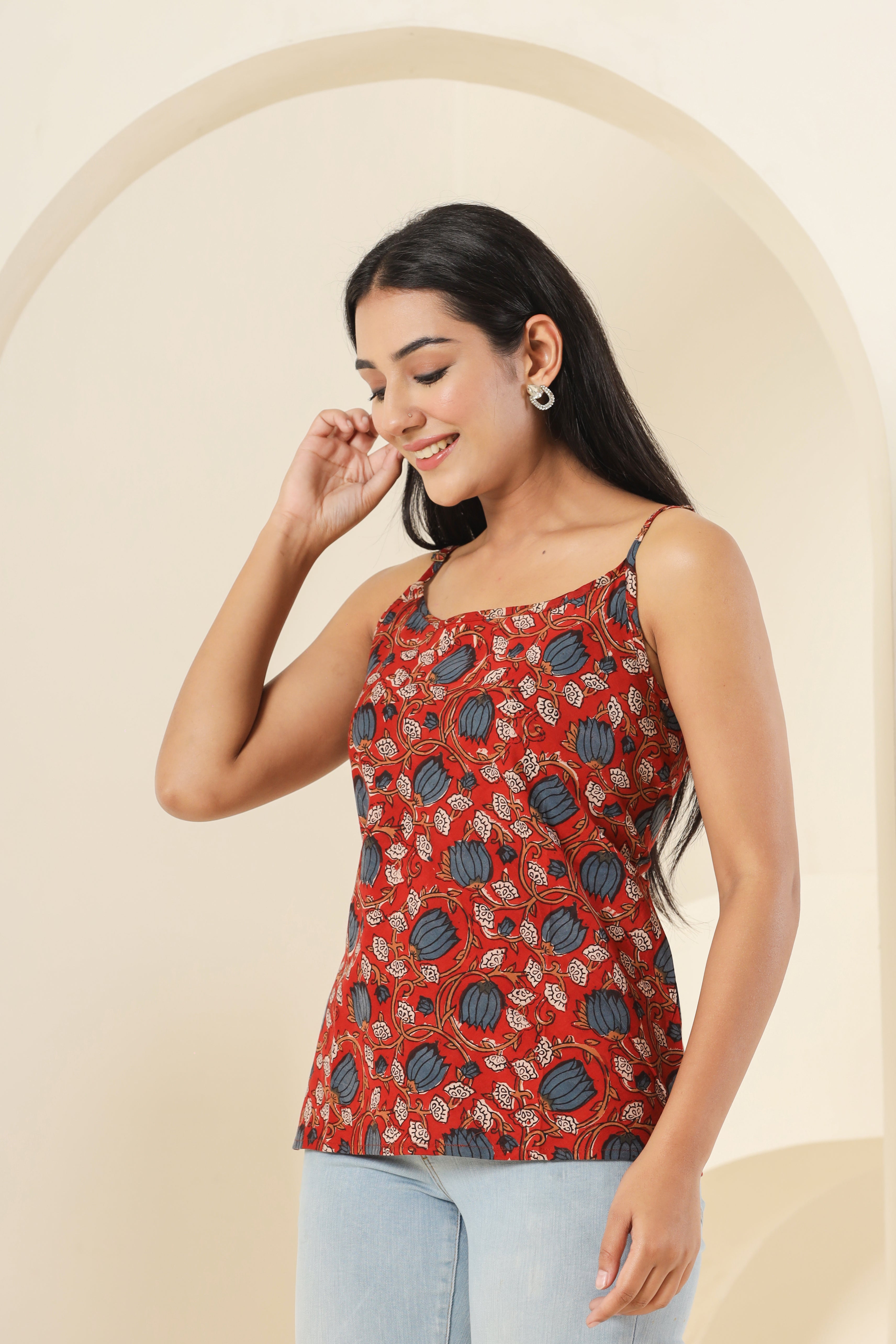 Kalamkari Kamal Womens Hand Block Printed Spaghetti Tops