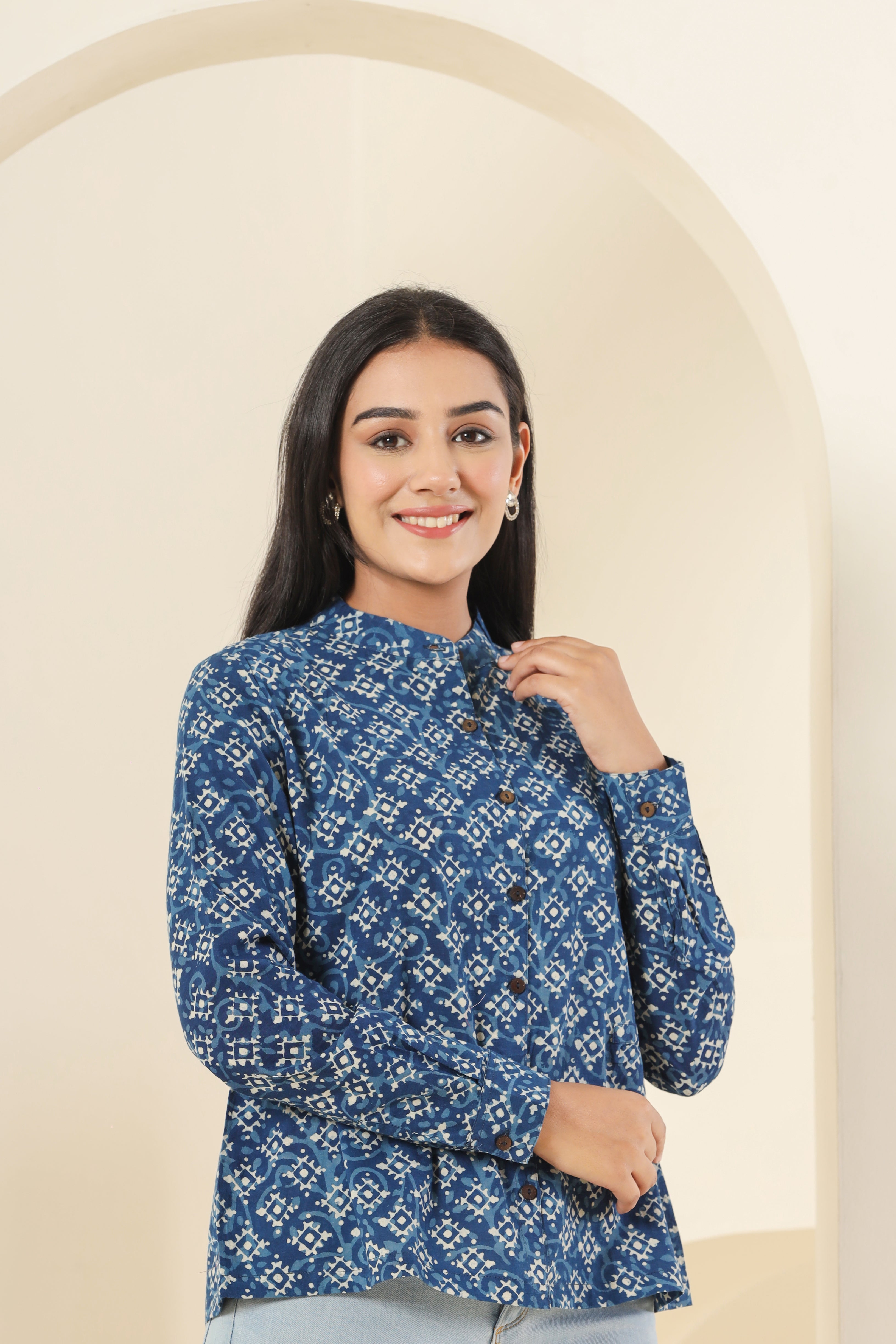 Geometric Indigo Womens Hand Block Printed Shirt Tops