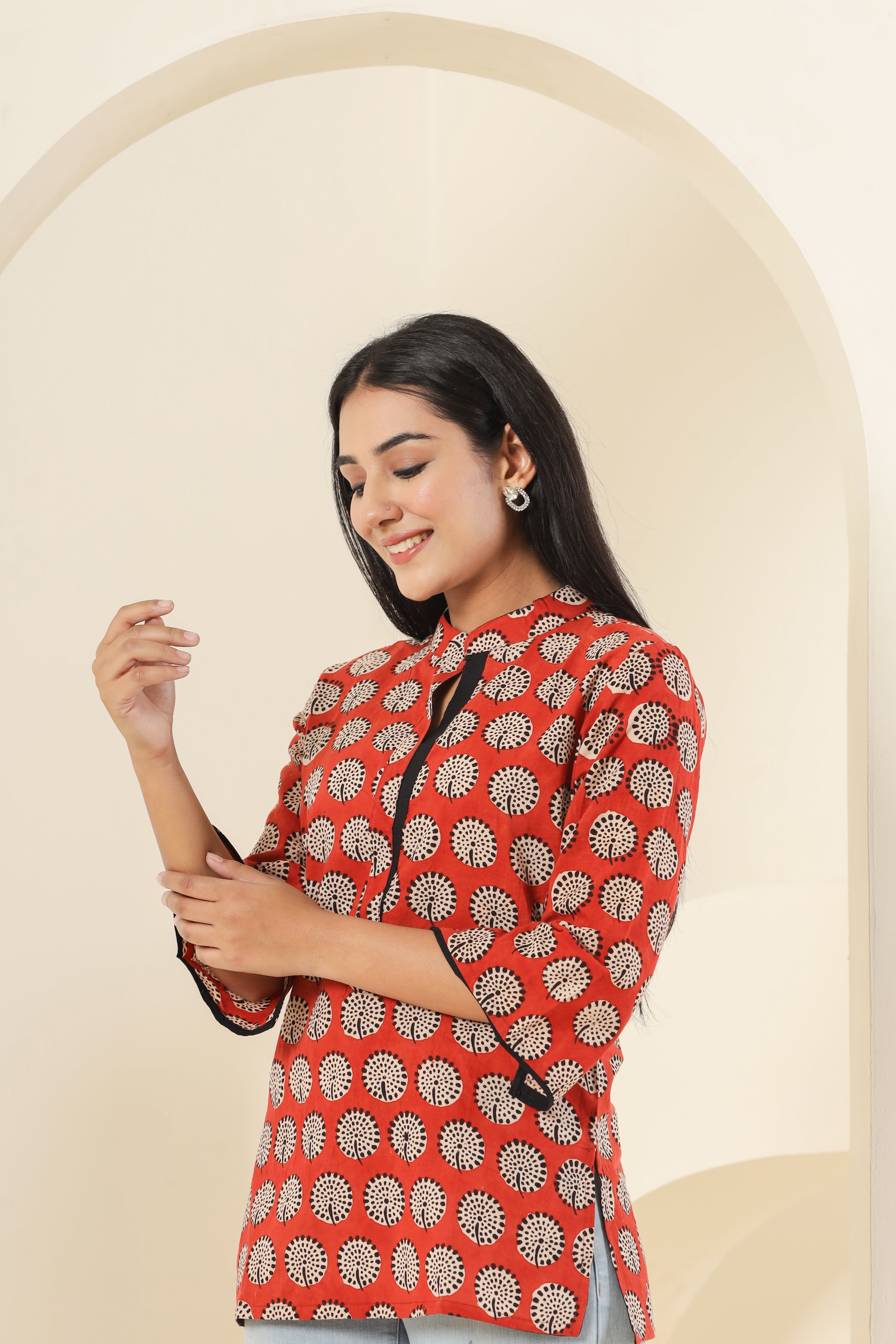 Bagru Red Gola Phool Womens Hand Block Printed Tops