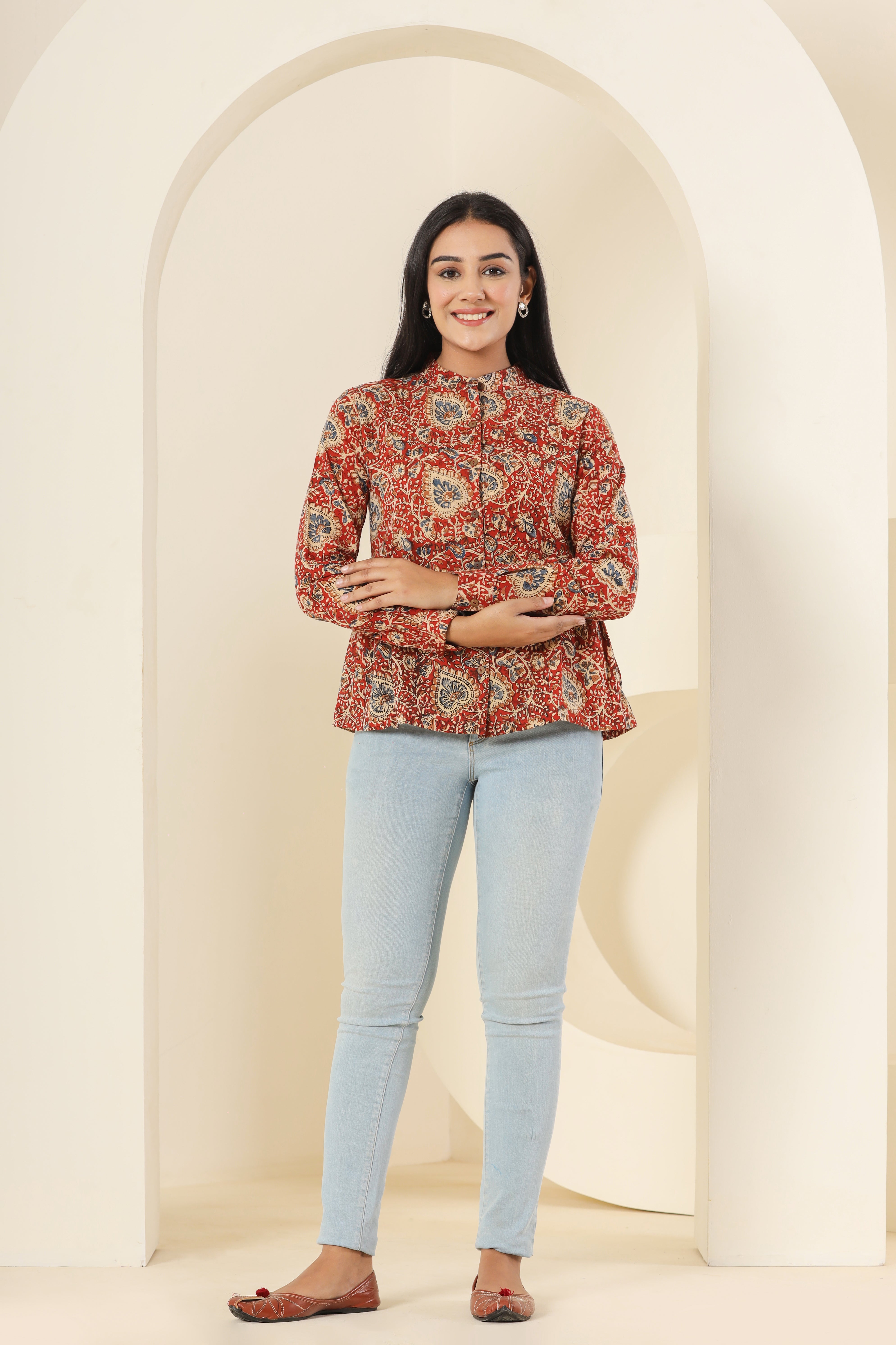 Red Kalamkari Womens Hand Block Printed Shirt Tops