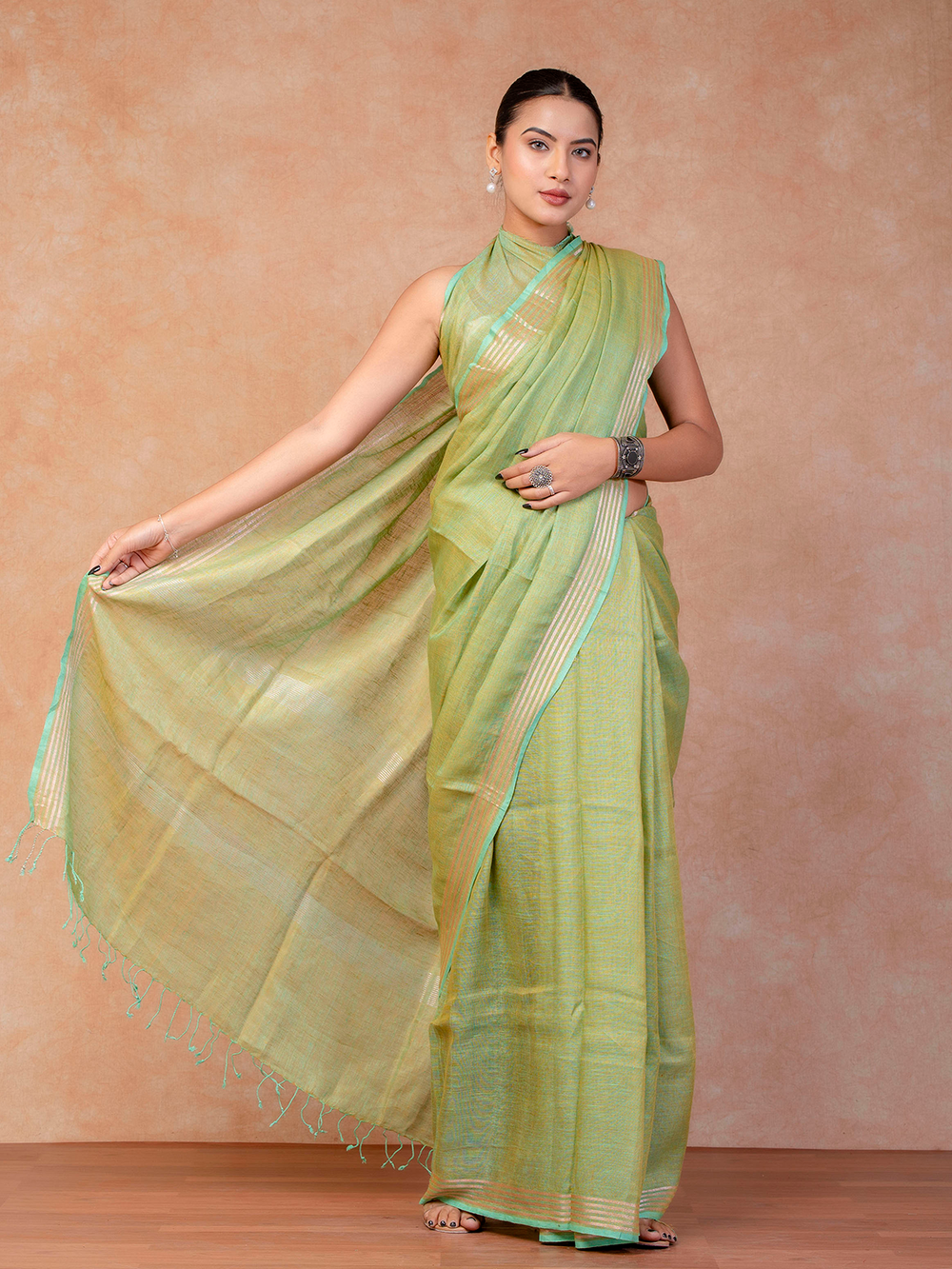 Mint Green Cross Dyed Pure Linen Saree with Blouse