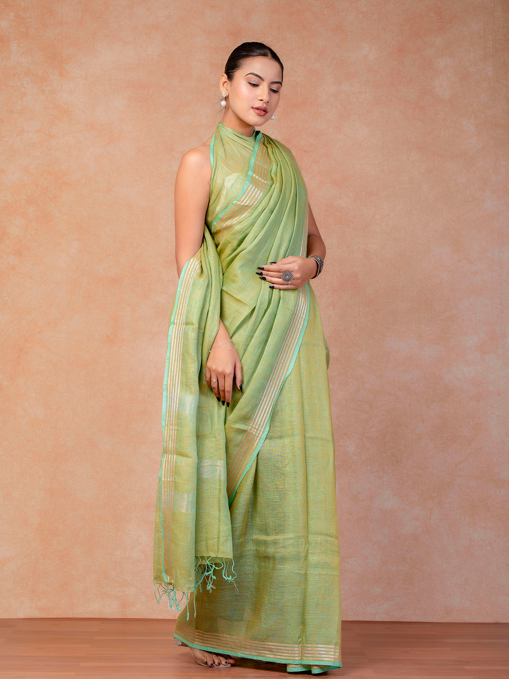 Mint Green Cross Dyed Pure Linen Saree with Blouse