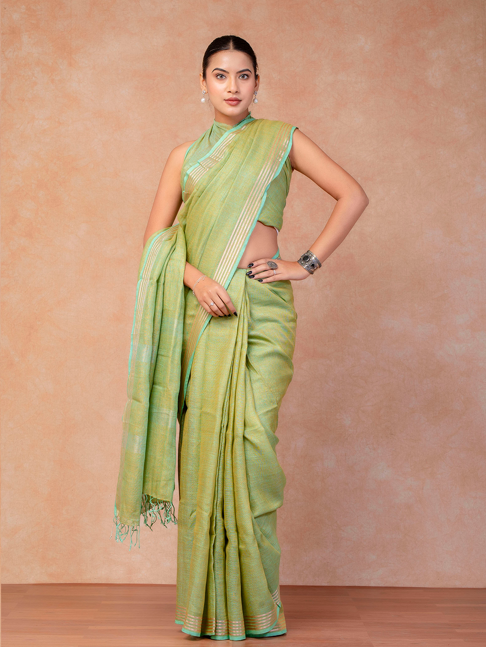 Mint Green Cross Dyed Pure Linen Saree with Blouse