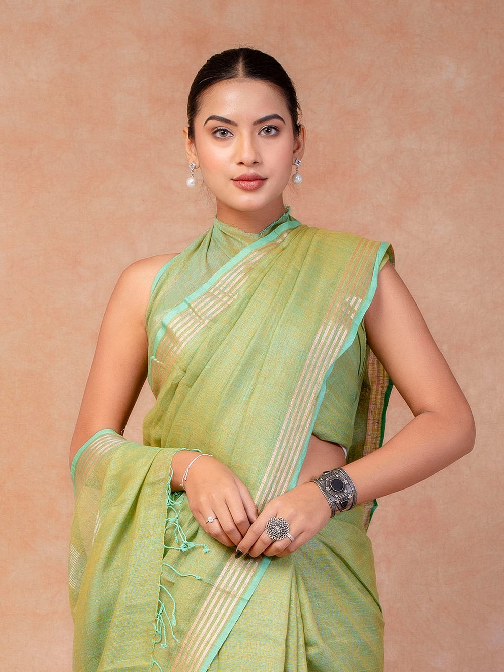 Mint Green Cross Dyed Pure Linen Saree with Blouse