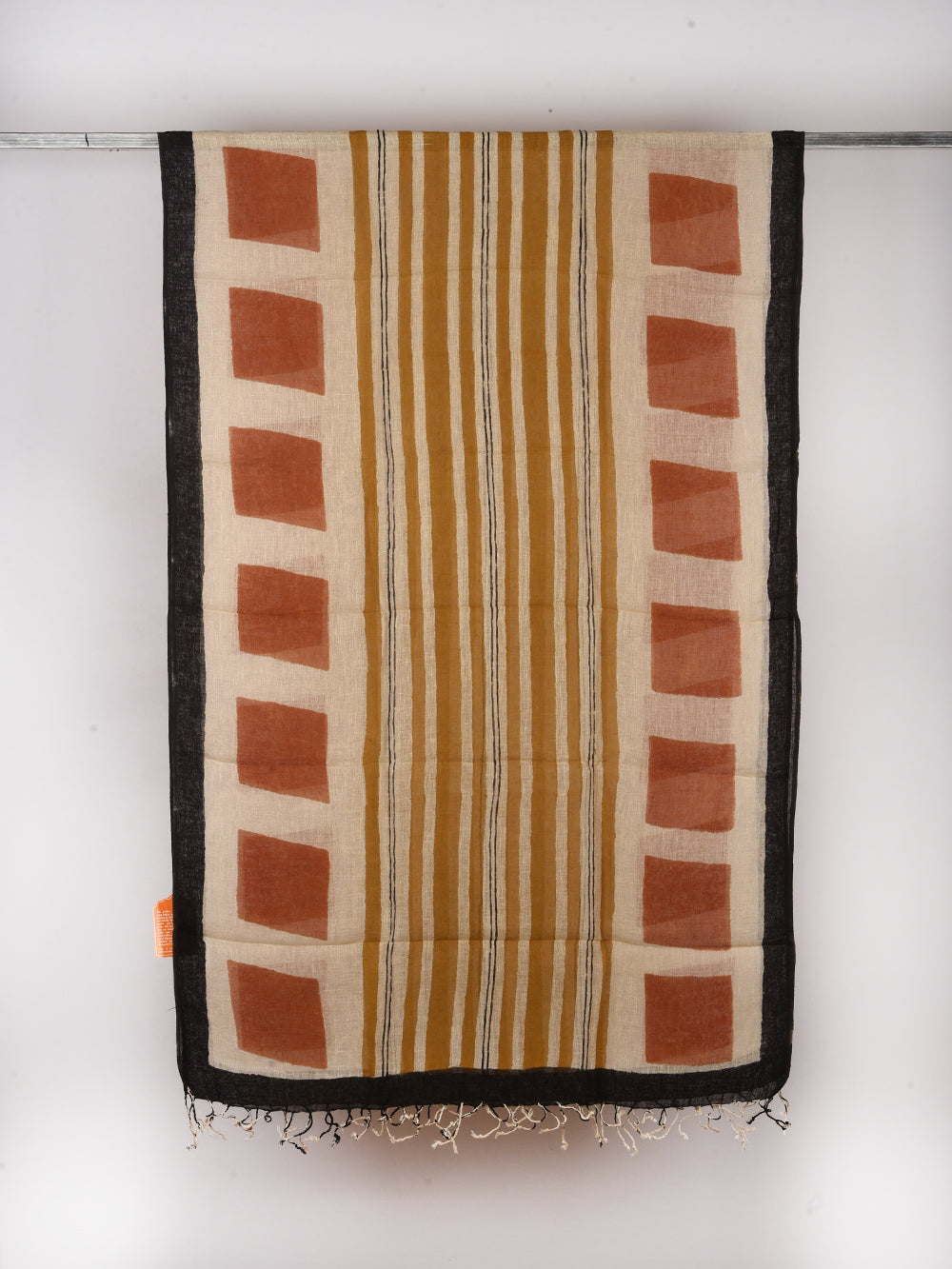 Bagru Square Stripes Hand Printed Pure Linen Dupatta