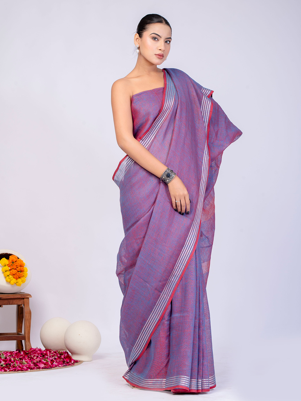 Lavender Cross Dyed Pure Linen Saree with Blouse