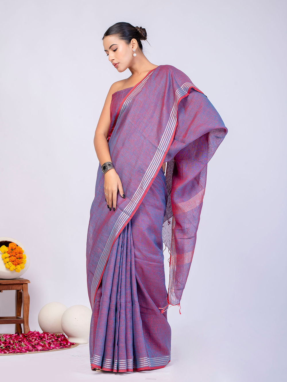 Lavender Cross Dyed Pure Linen Saree with Blouse