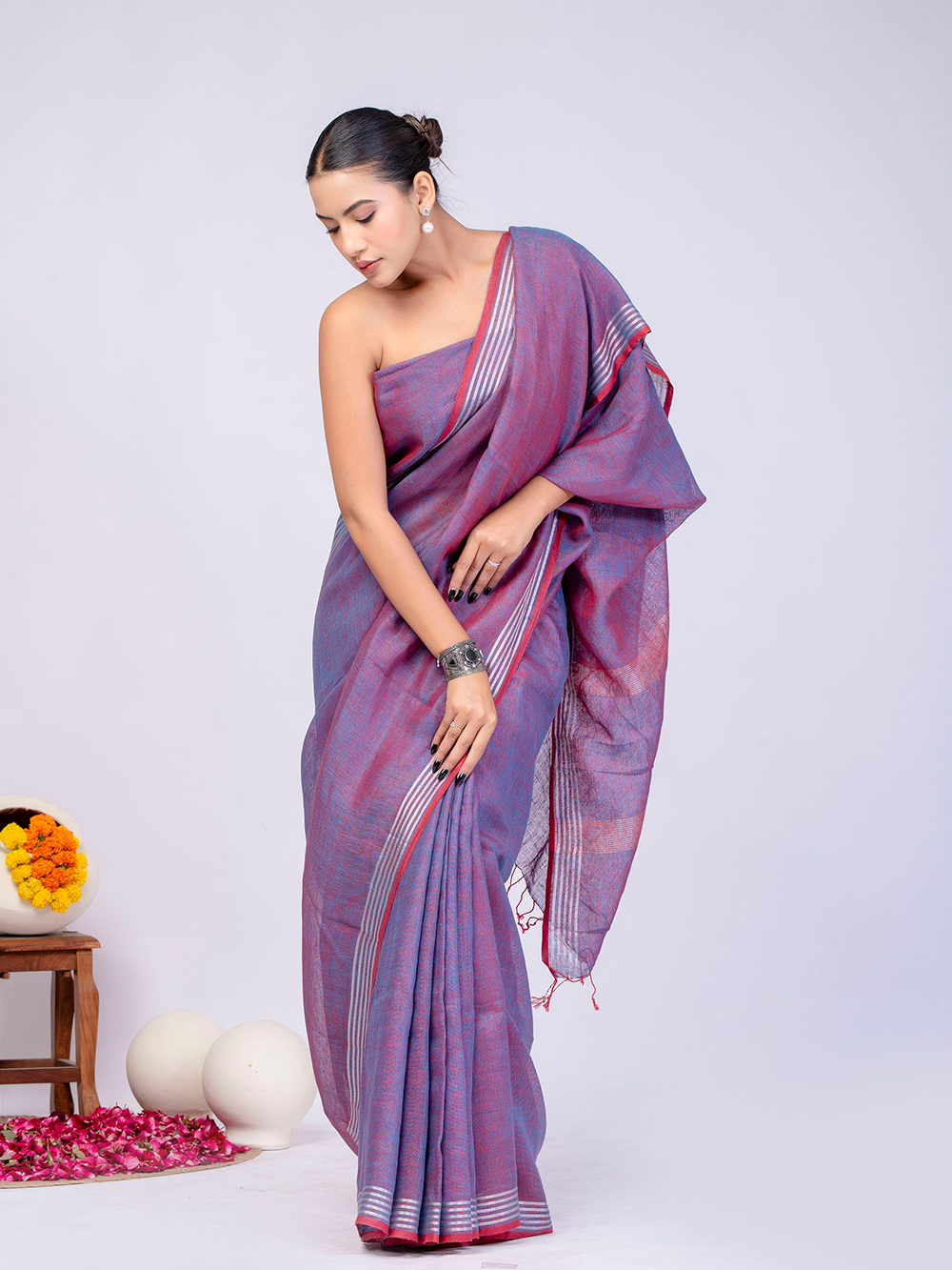 Lavender Cross Dyed Pure Linen Saree with Blouse