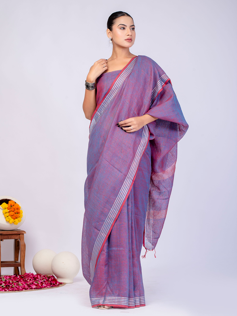 Lavender Cross Dyed Pure Linen Saree with Blouse