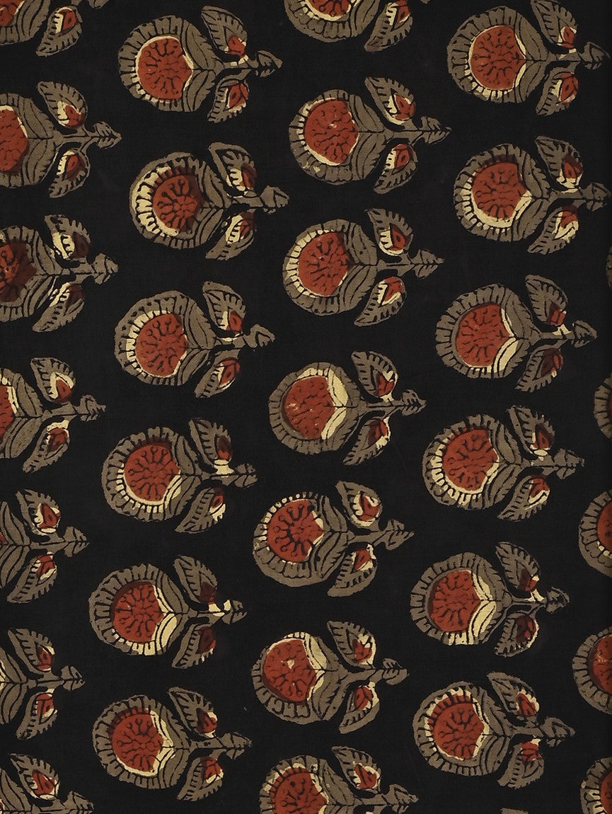 Black Sunrise Flower Booti Pattern Hand Block Printed Modal Fabric