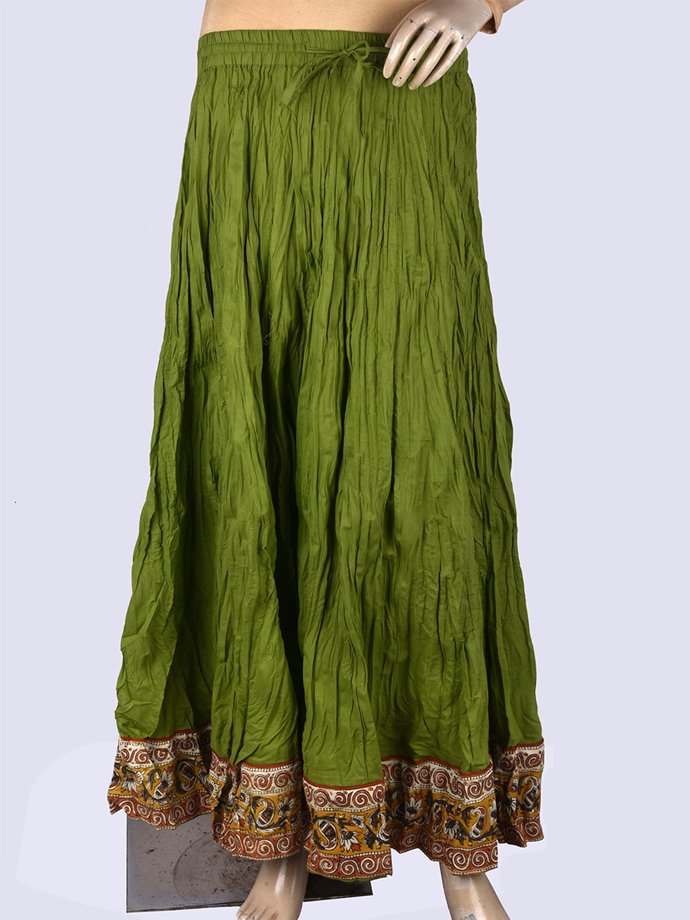 Plain Dyed Green with Kalamkari Border Crinkled Cotton 28 Kali Kalidaar Skirt