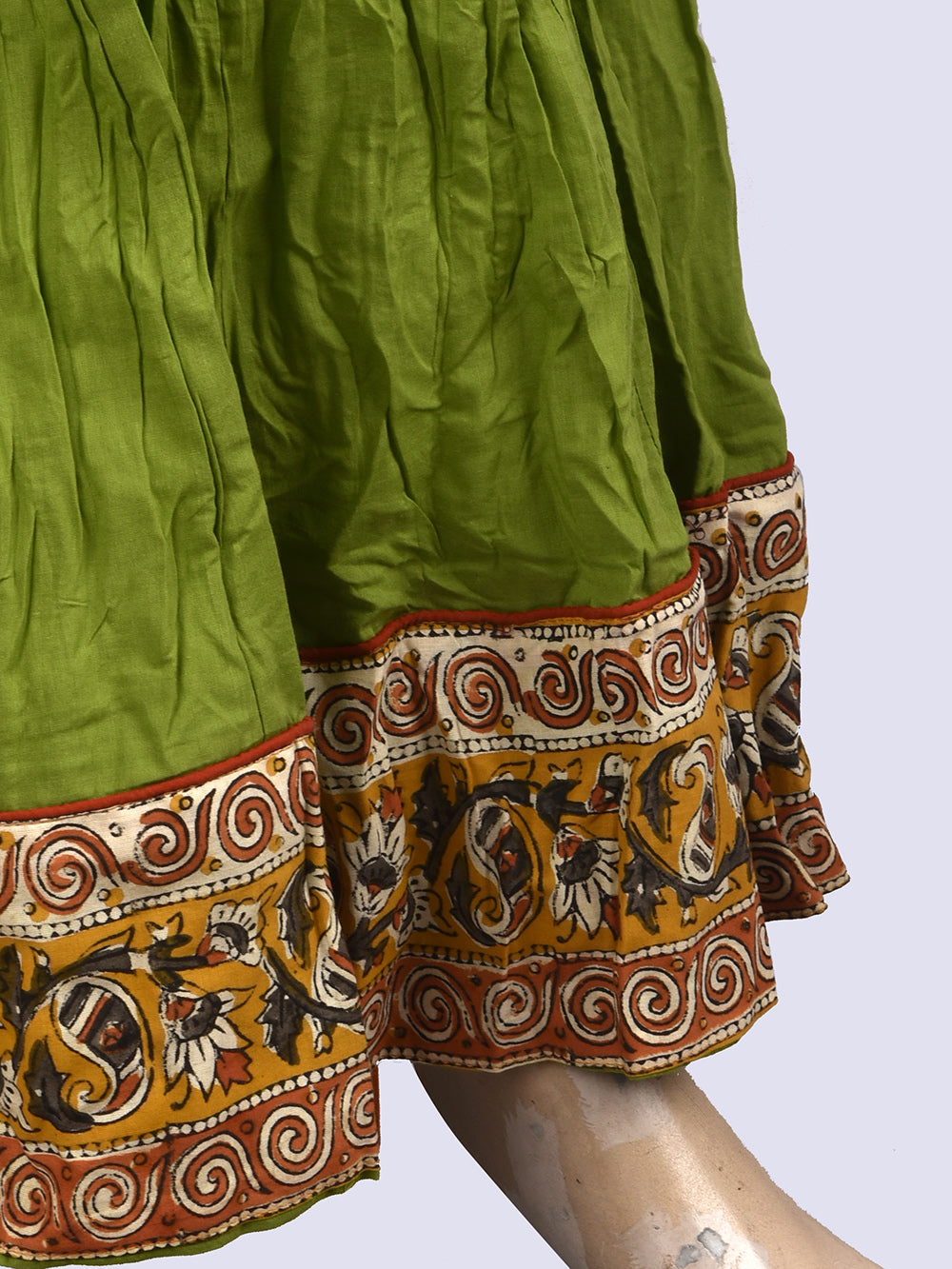 Plain Dyed Green with Kalamkari Border Crinkled Cotton 28 Kali Kalidaar Skirt