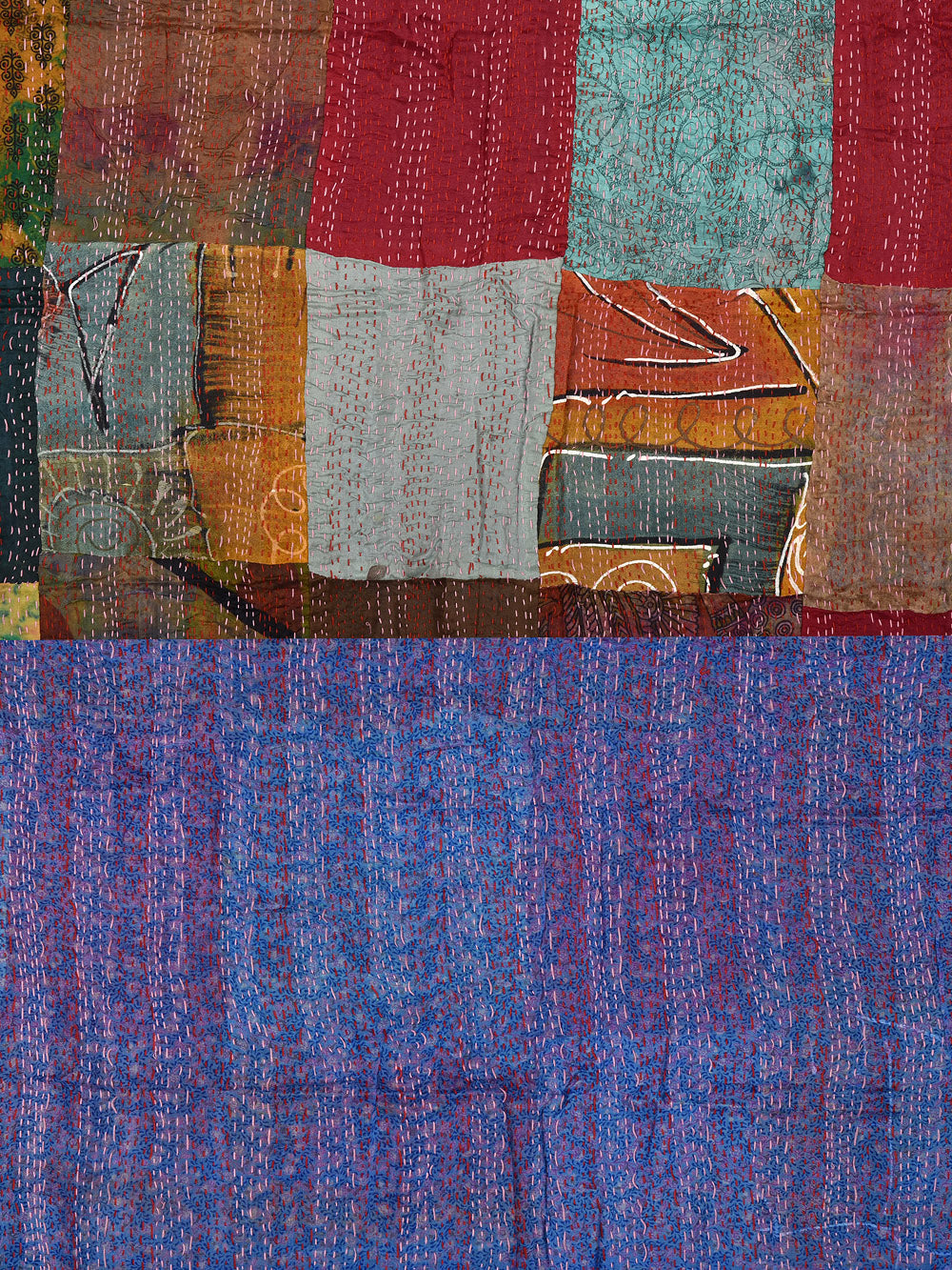 Peacock Blue Pre-Loved Silk Sarees Kantha Patchwork Stole