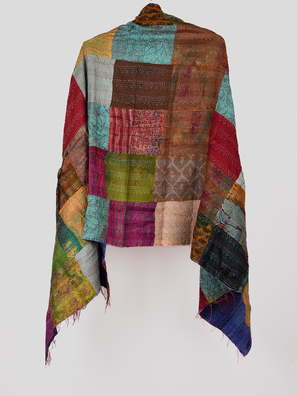 Peacock Blue Pre-Loved Silk Sarees Kantha Patchwork Stole