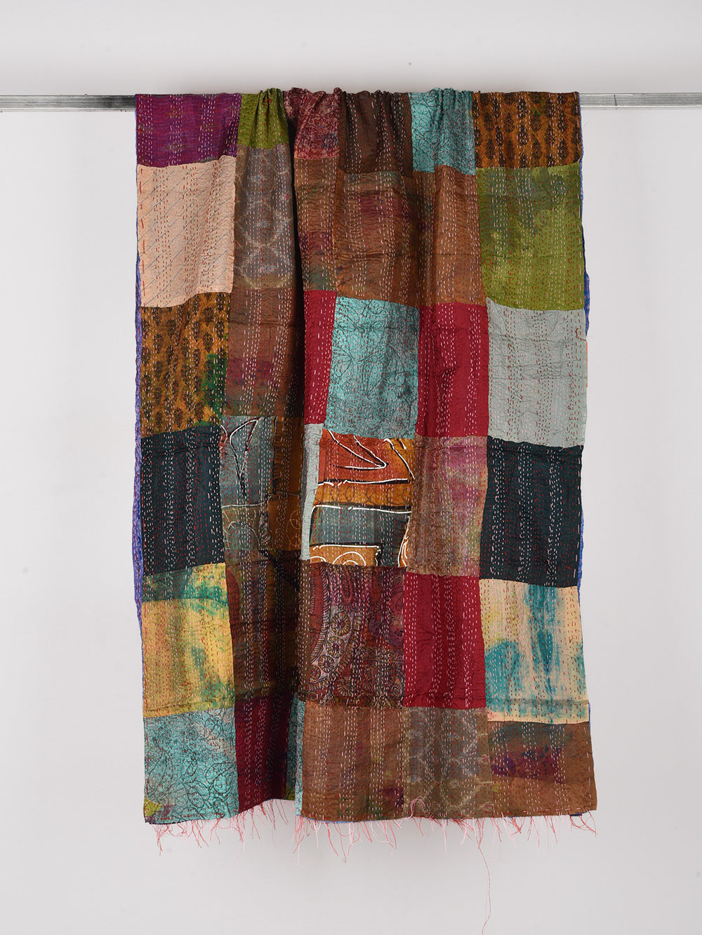 Peacock Blue Pre-Loved Silk Sarees Kantha Patchwork Stole