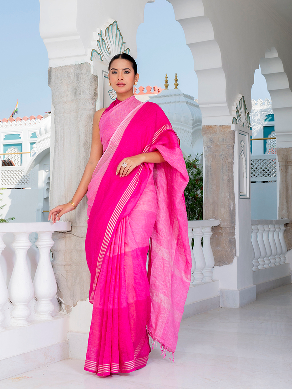 Hot Pink Cross Dyed Pure Linen Saree with Blouse