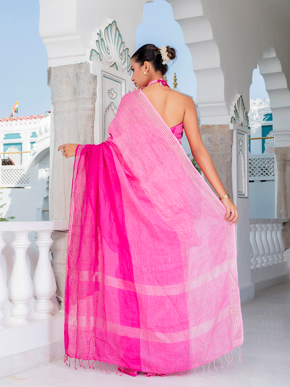 Hot Pink Cross Dyed Pure Linen Saree with Blouse