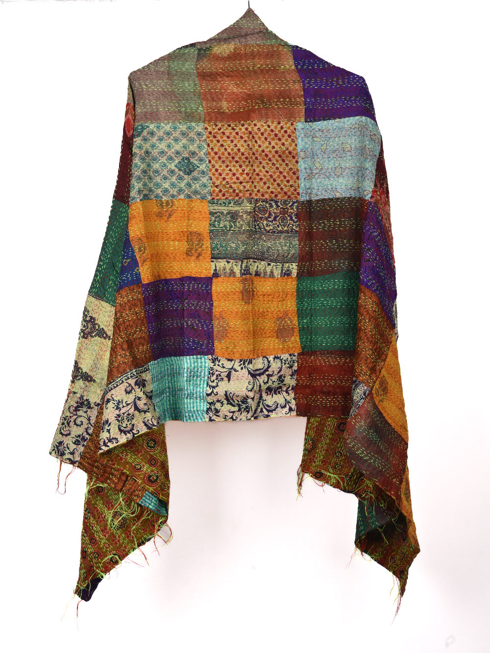 Yellow Bandhini Style Pre-Loved Silk Sarees Kantha Patchwork Stole