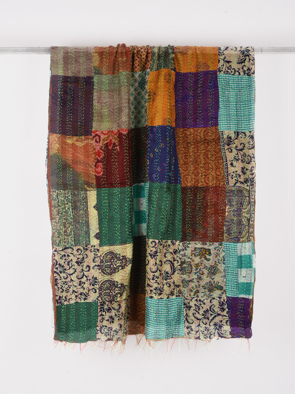 Yellow Bandhini Style Pre-Loved Silk Sarees Kantha Patchwork Stole