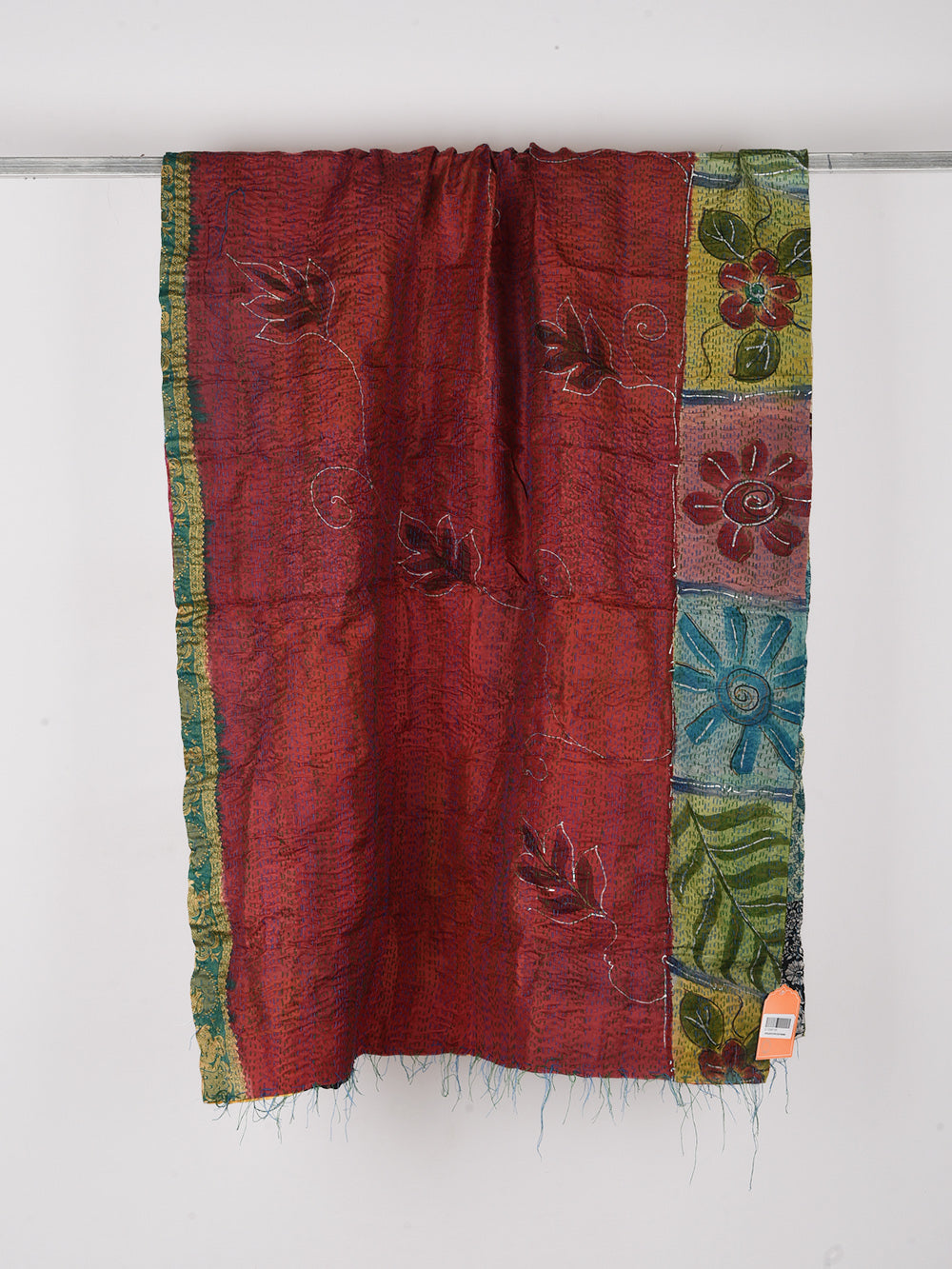 Rust Leafy Pre-Loved Silk Sarees Kantha Patchwork Stole