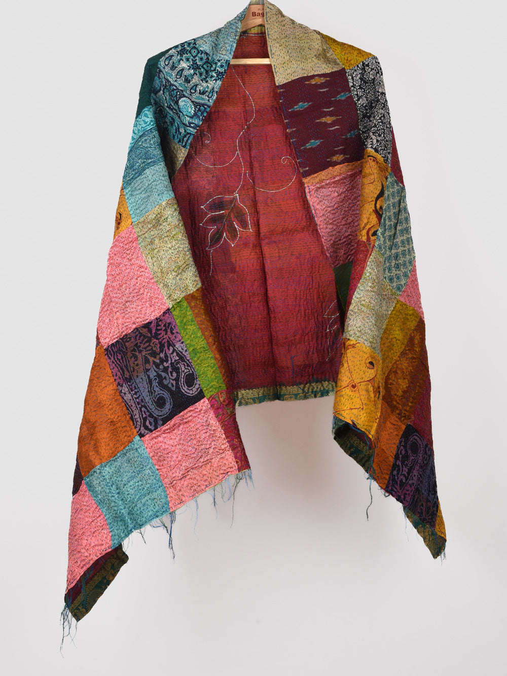 Rust Leafy Pre-Loved Silk Sarees Kantha Patchwork Stole
