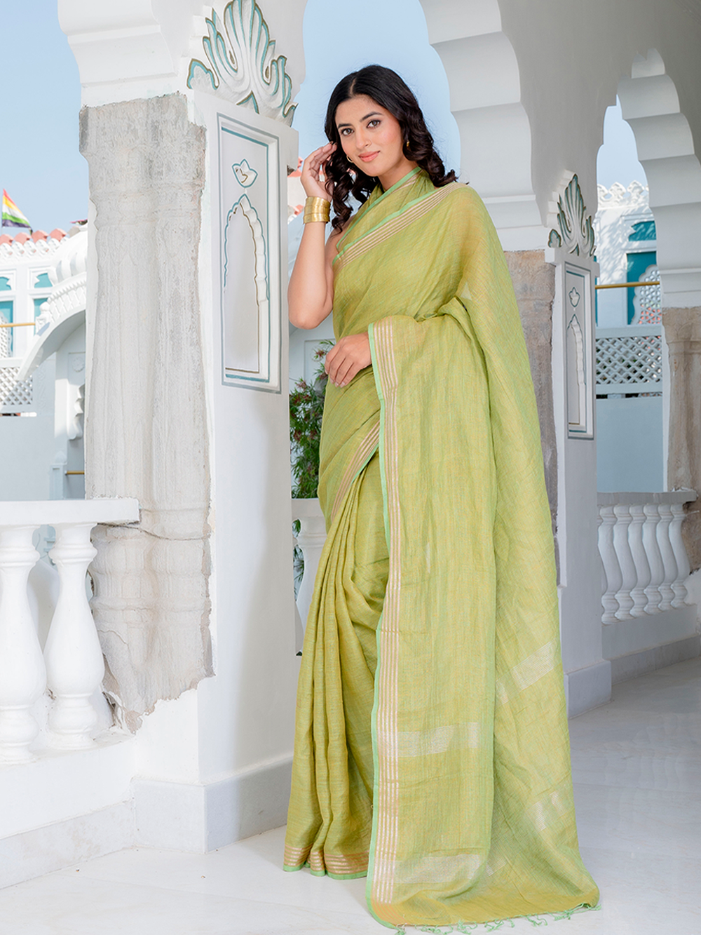 Pista Green Cross Dyed Pure Linen Saree with Blouse