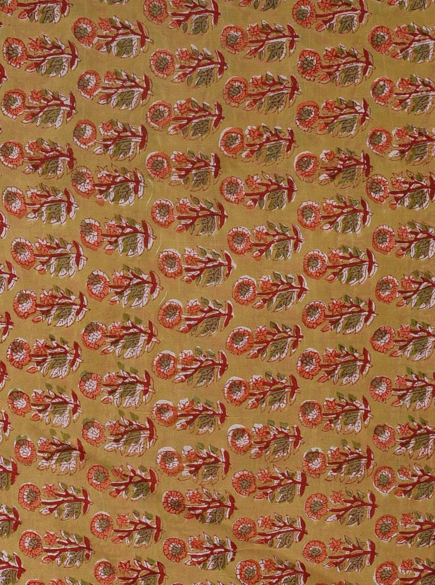 Orange Dancing Marigold Flower Hand Block Printed Modal Fabric