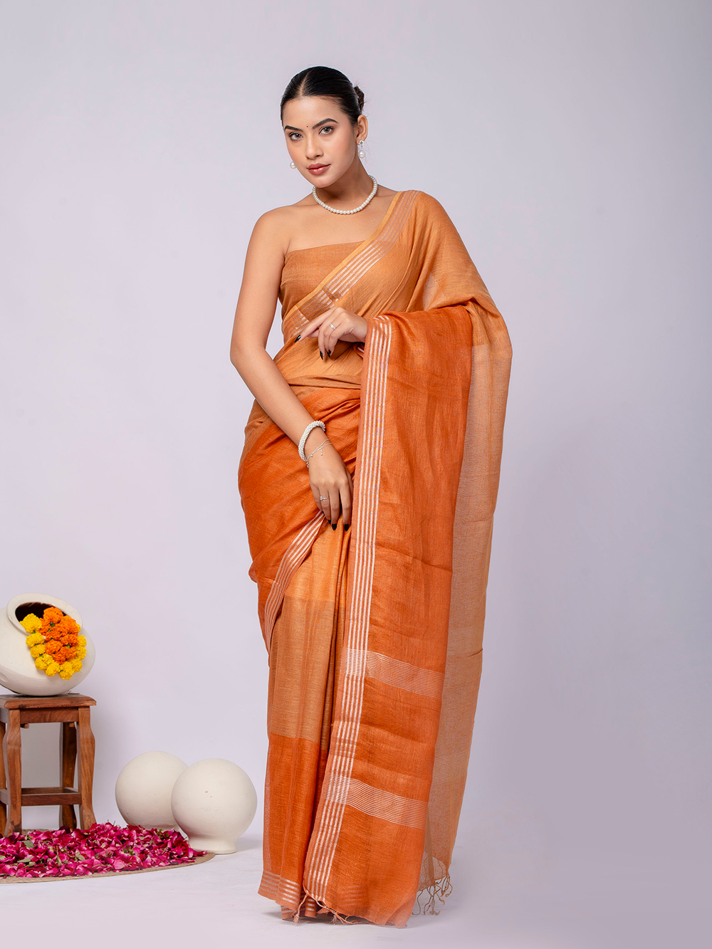 Rust Orange Cross Dyed Pure Linen Saree with Blouse